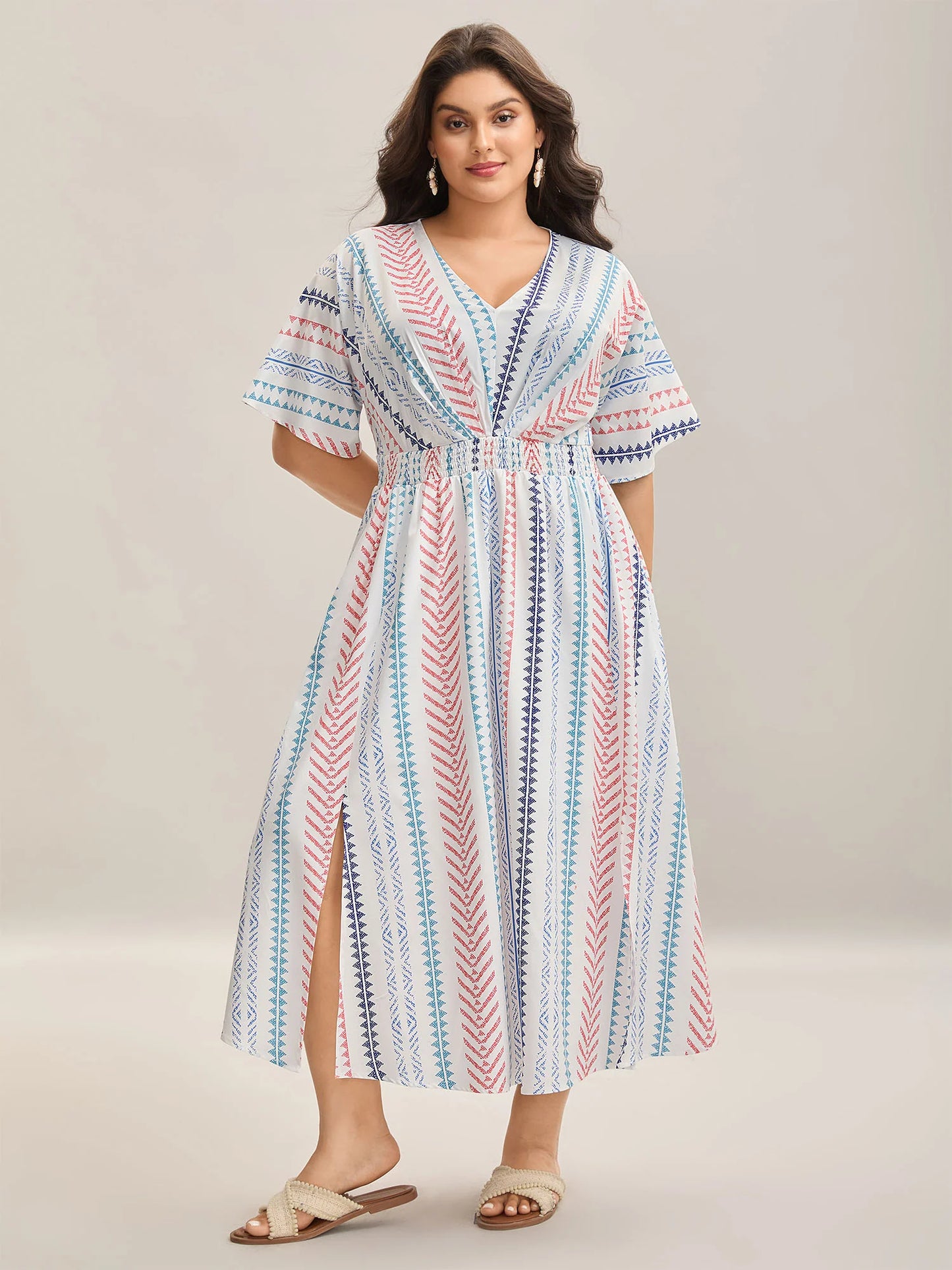 Solid Geometric Dolman Sleeve Pocket Shirred Split Hem Dress