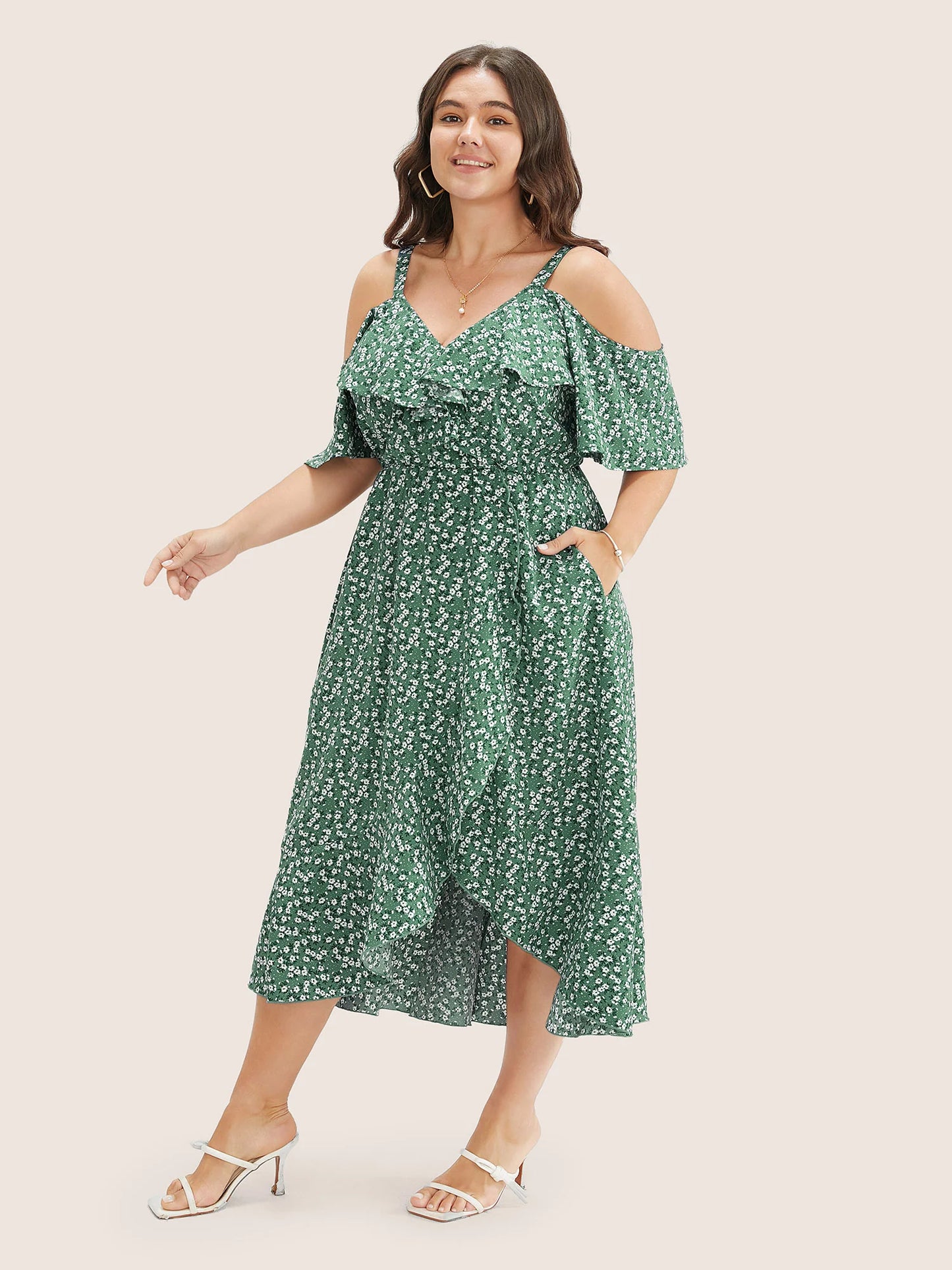 Ditsy Floral Pocket Wrap Cold Shoulder Ruffle Dress