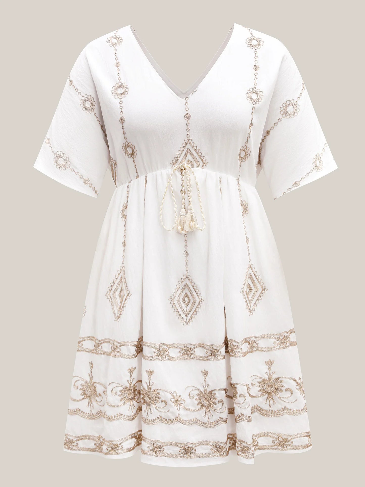 Boho Embroidered Waist Tie Midi Dress