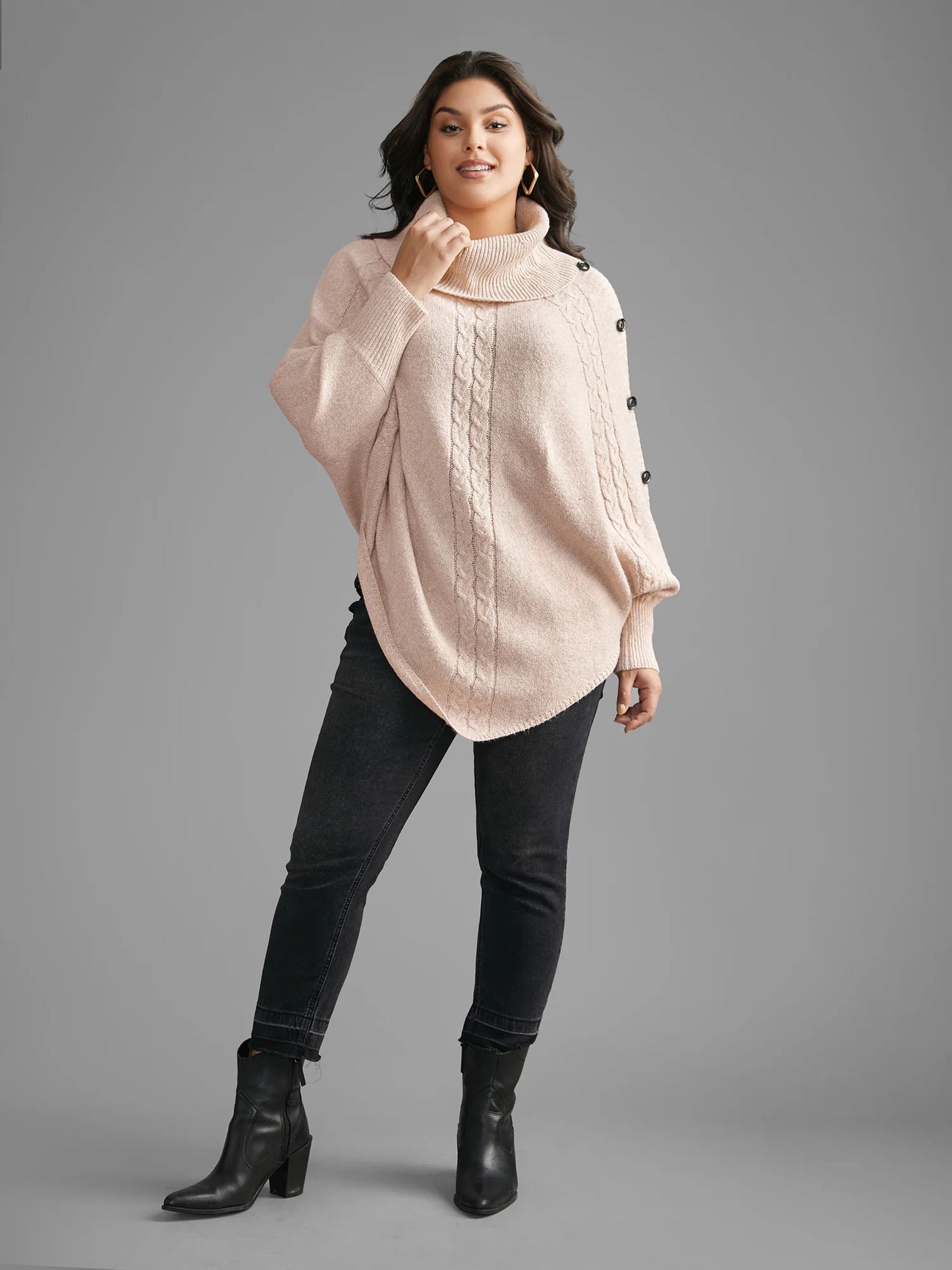 Turtleneck Cable Knit Asymmetrical Hem Pullover