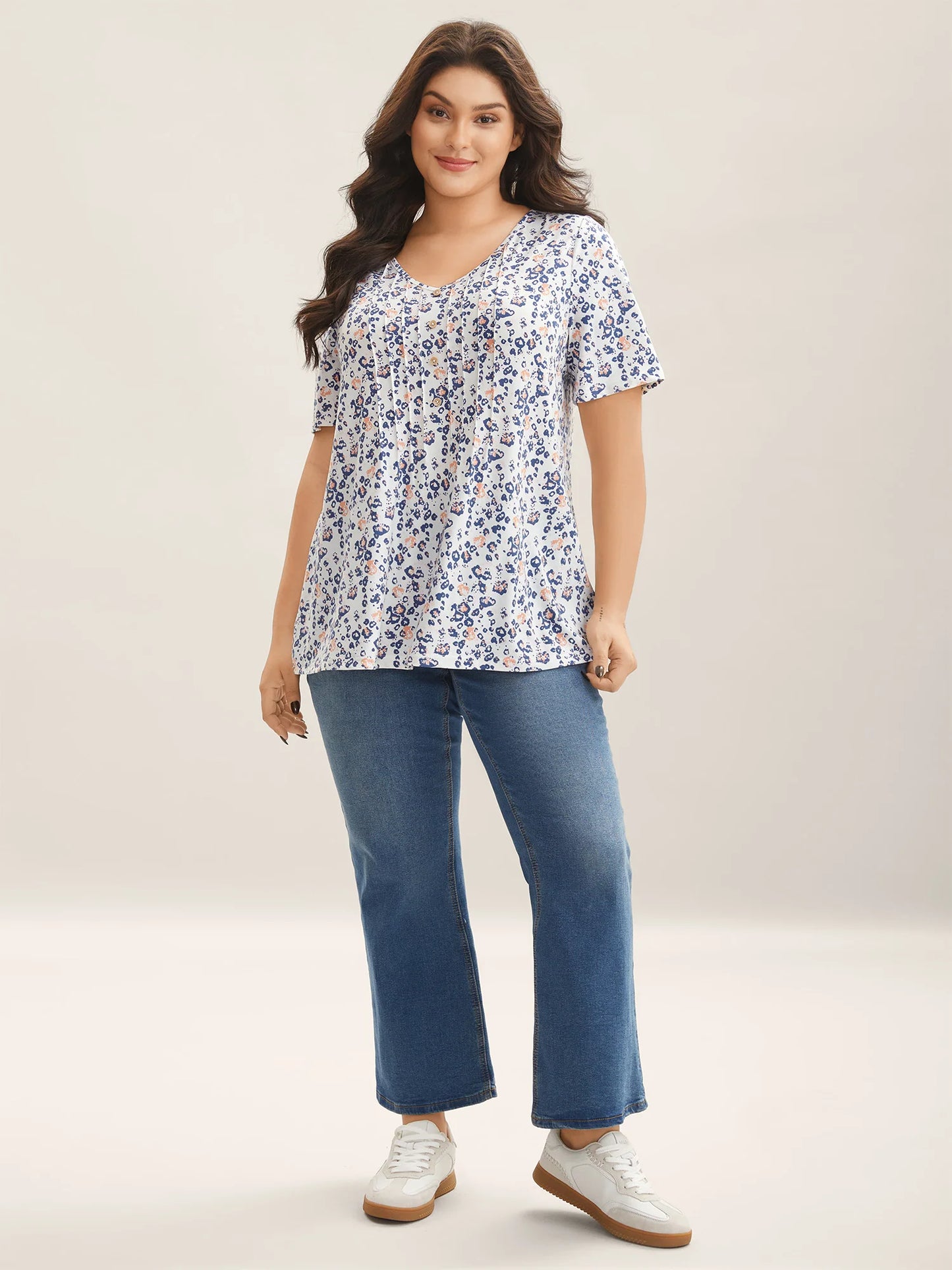 Floral Print Plicated Detail T-Shirt