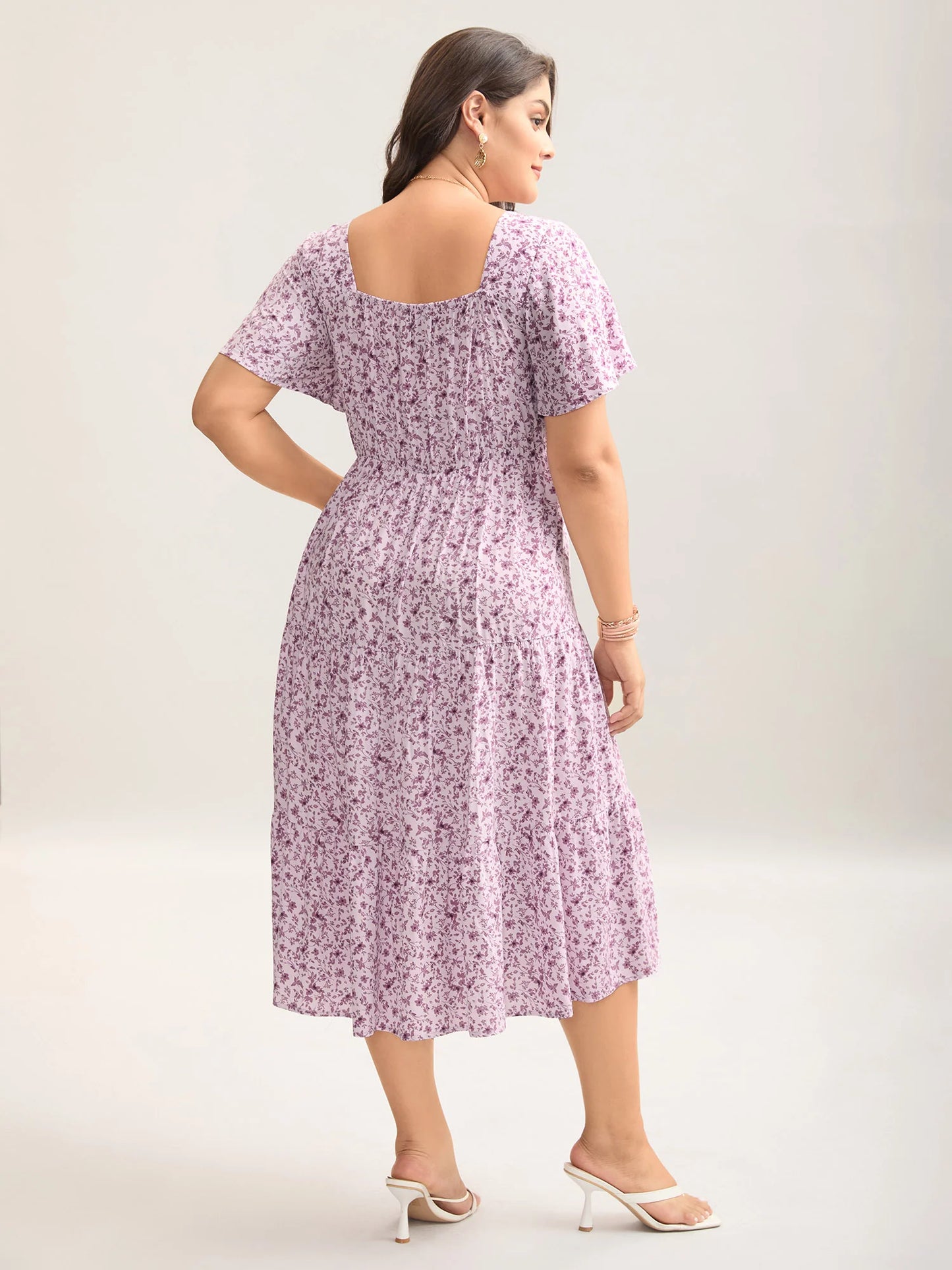 Ditsy Floral Sweetheart Drawstring Pocket Tiered Dress