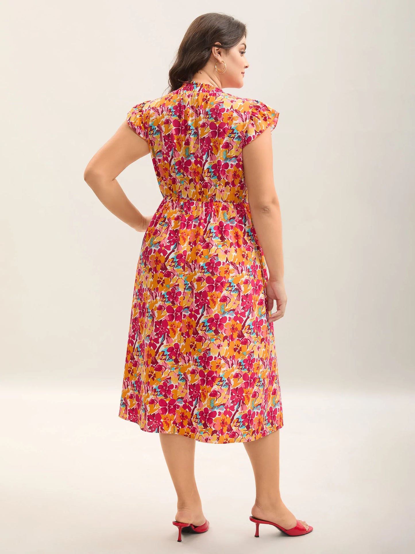 Floral Print Shirred Pockets Midi Dress