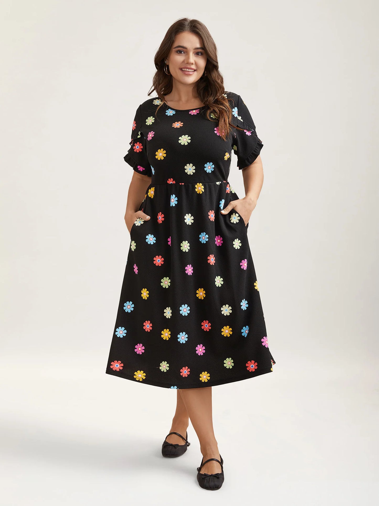 Stretchy-Waist Floral Print Pockets Midi Dress