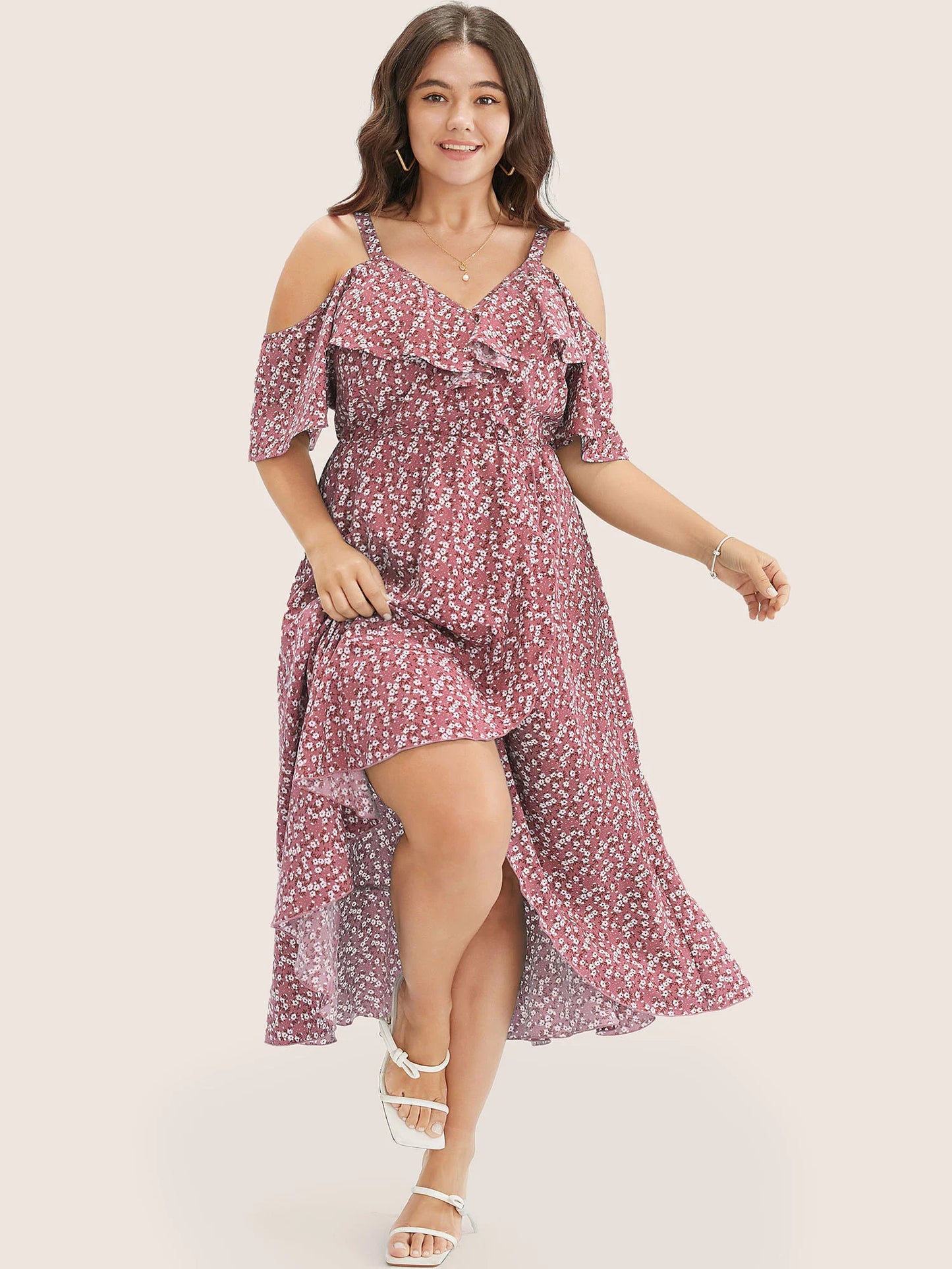 Ditsy Floral Pocket Wrap Cold Shoulder Ruffle Dress