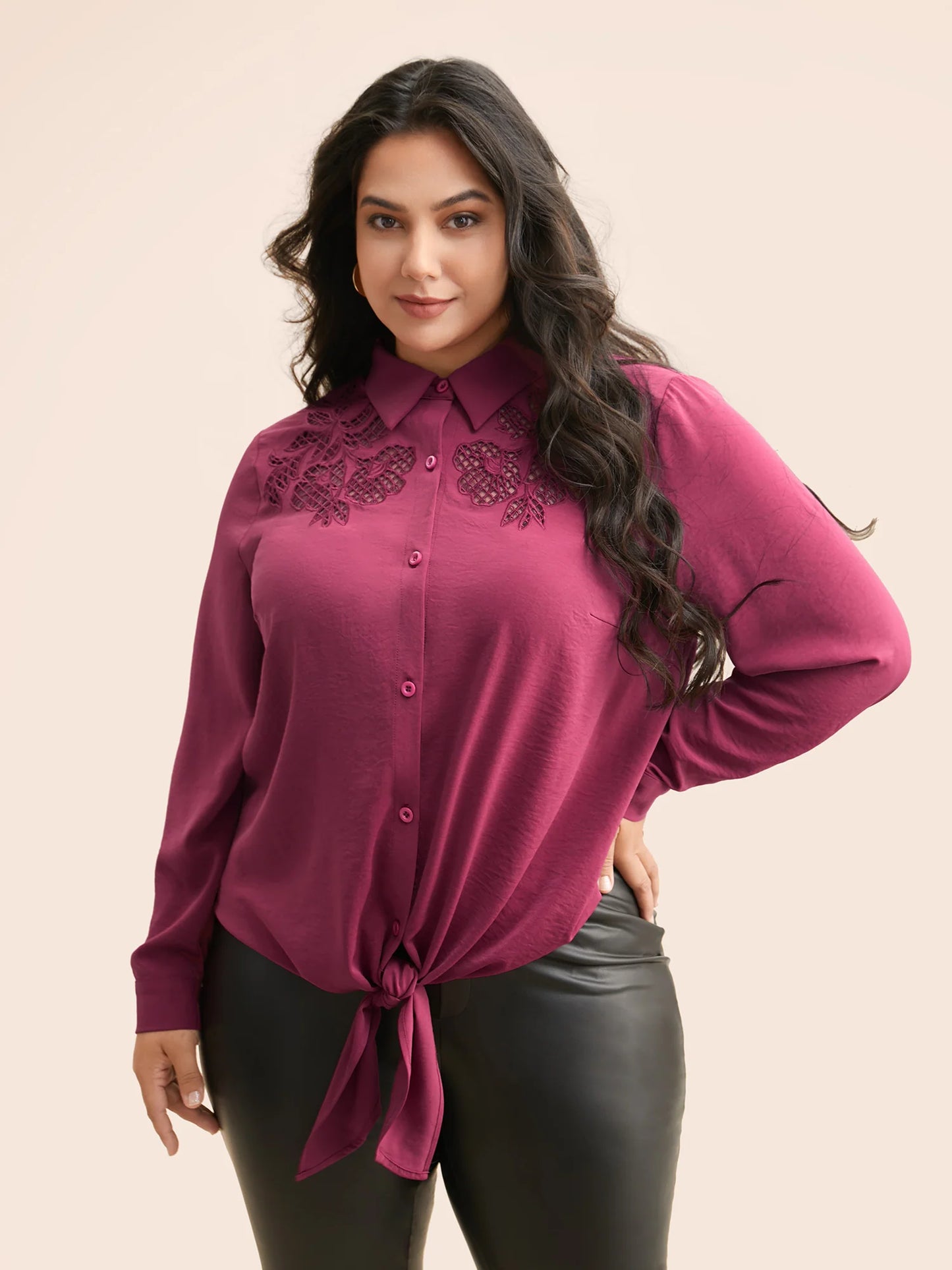 Shirt Collar Broderie Anglaise Tie Knot Blouse