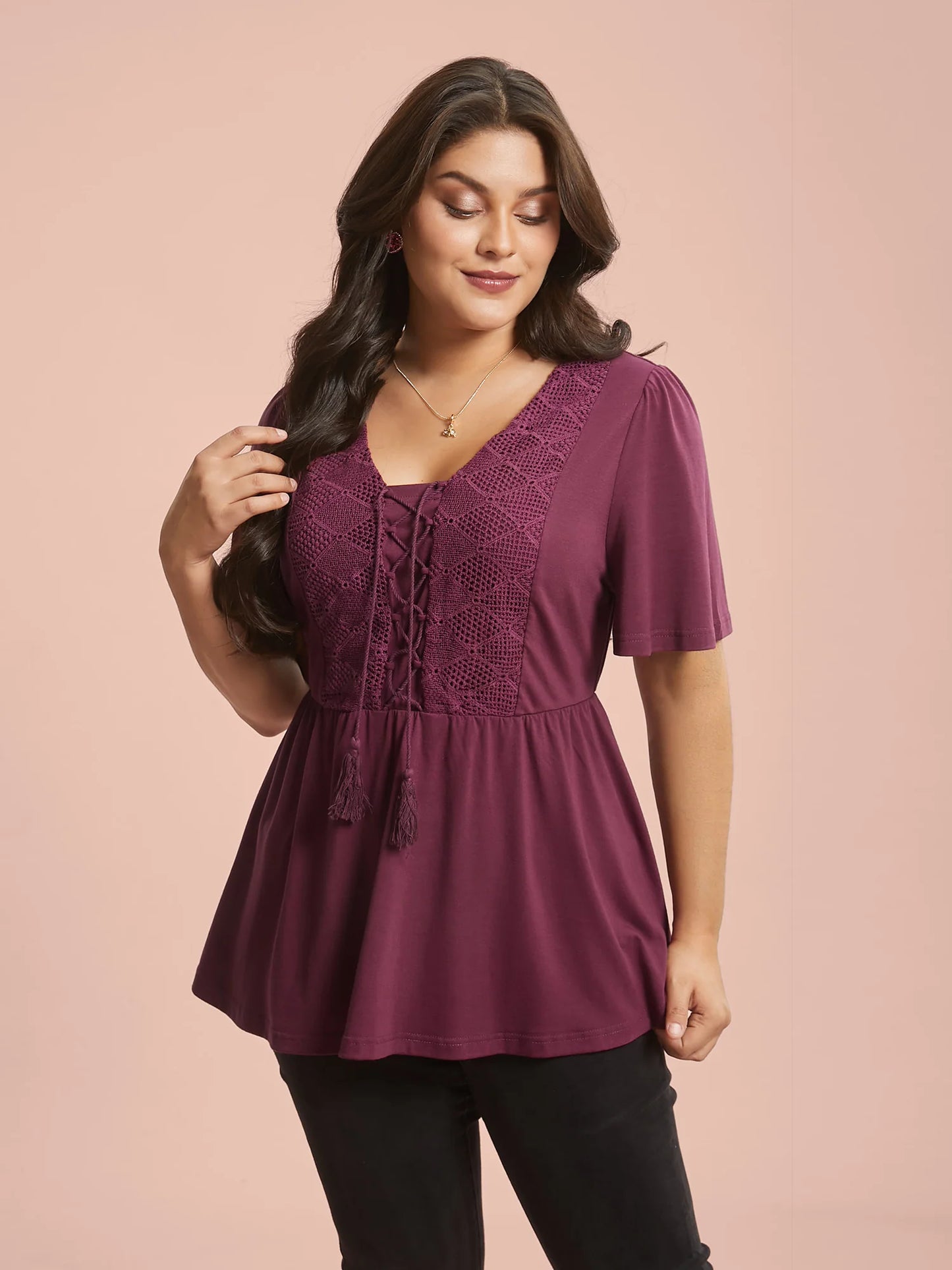 Lace-Up Tassels Patchwork Plain Top