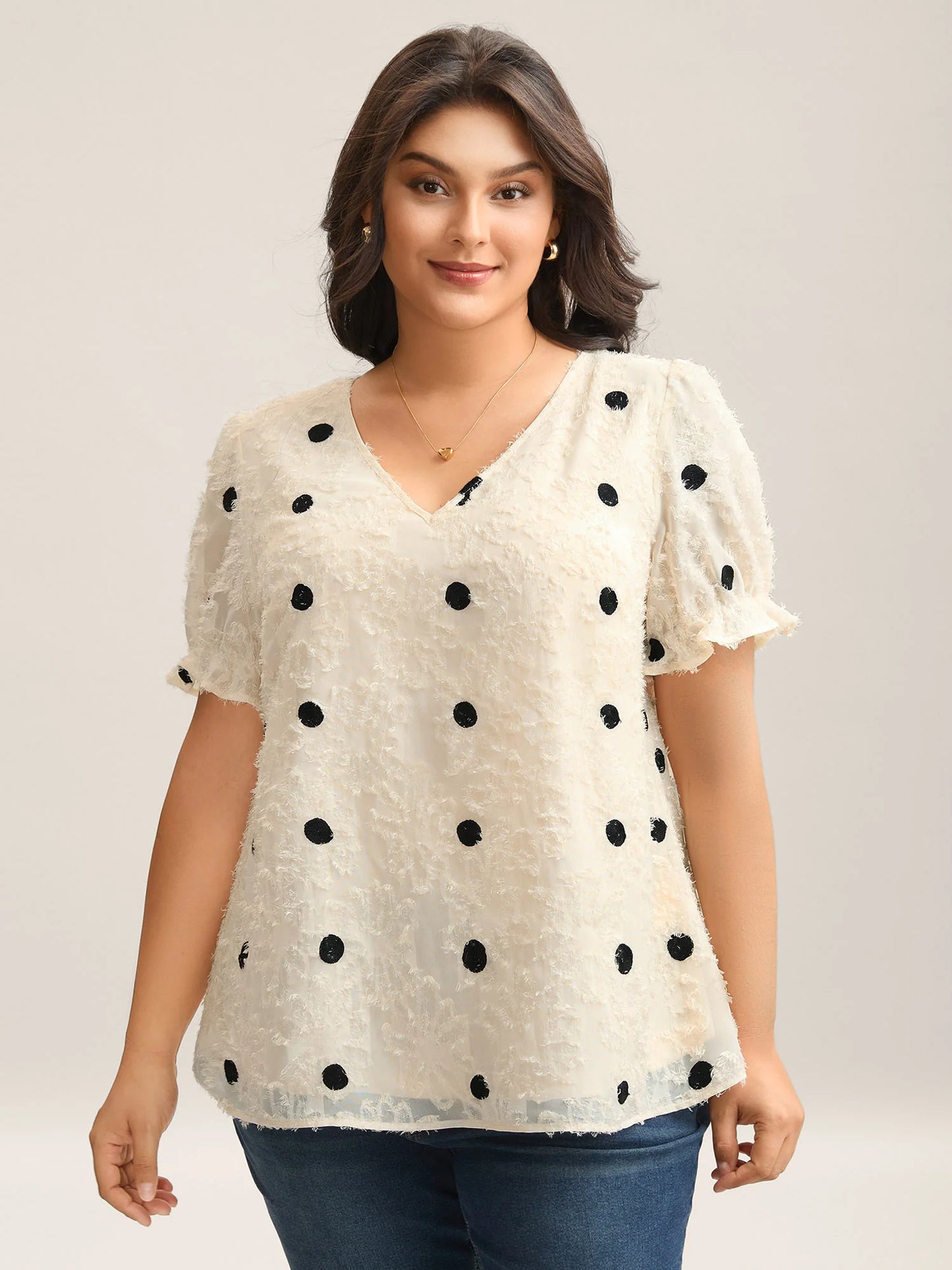 Textured Dots V-Neck Puff Sleeve Blouse