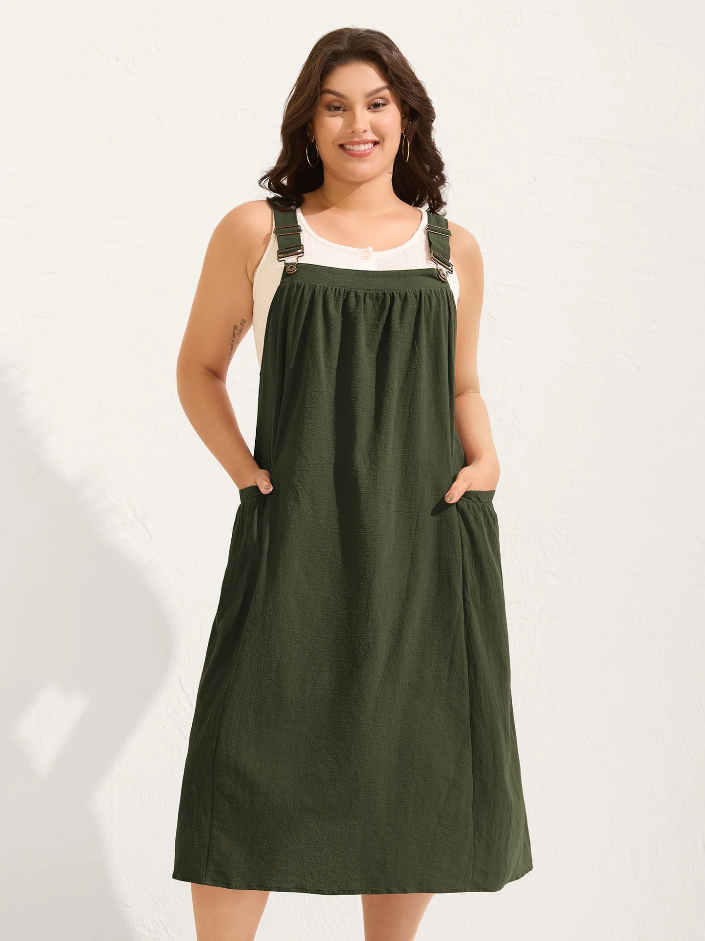 Pure Cotton Pleated Pockets Midi Dress