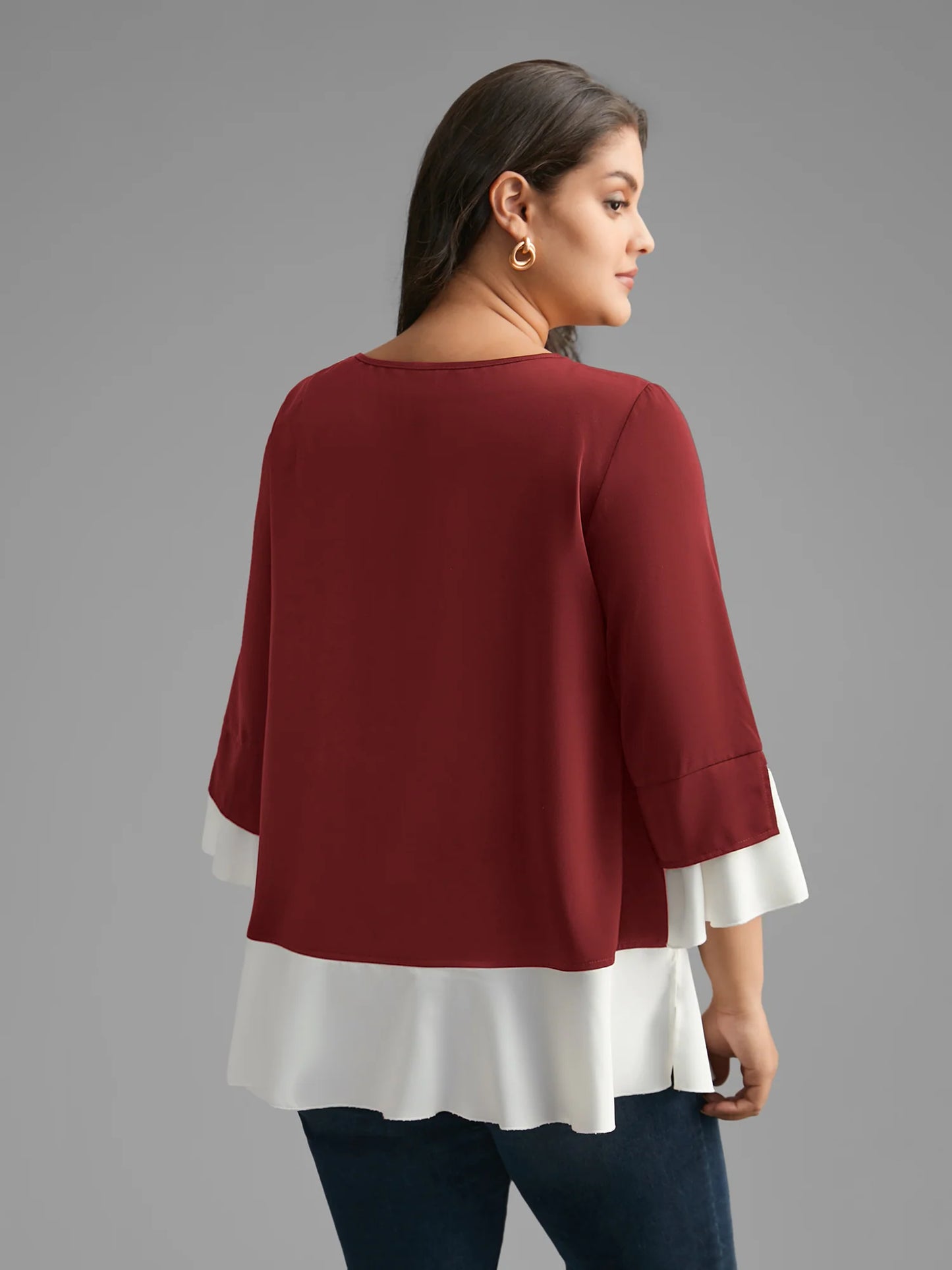 Contrast Patchwork Bell Sleeve Blouse