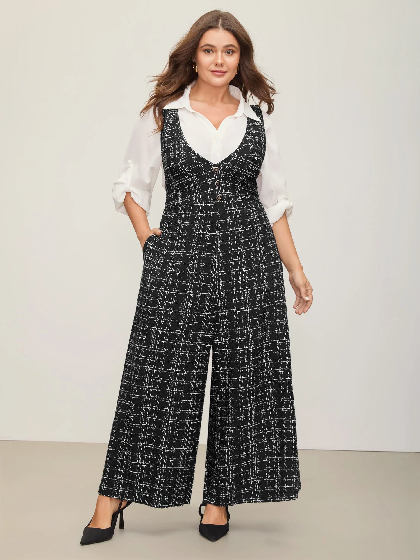 Plaid Tweed Crisscross Back Button Detail Jumpsuit