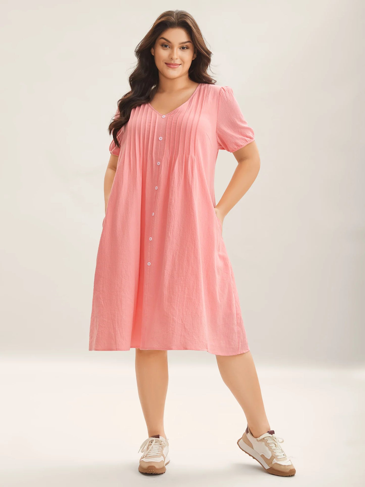 Pure Cotton Toothpick Pleat Pockets Shirt Dress