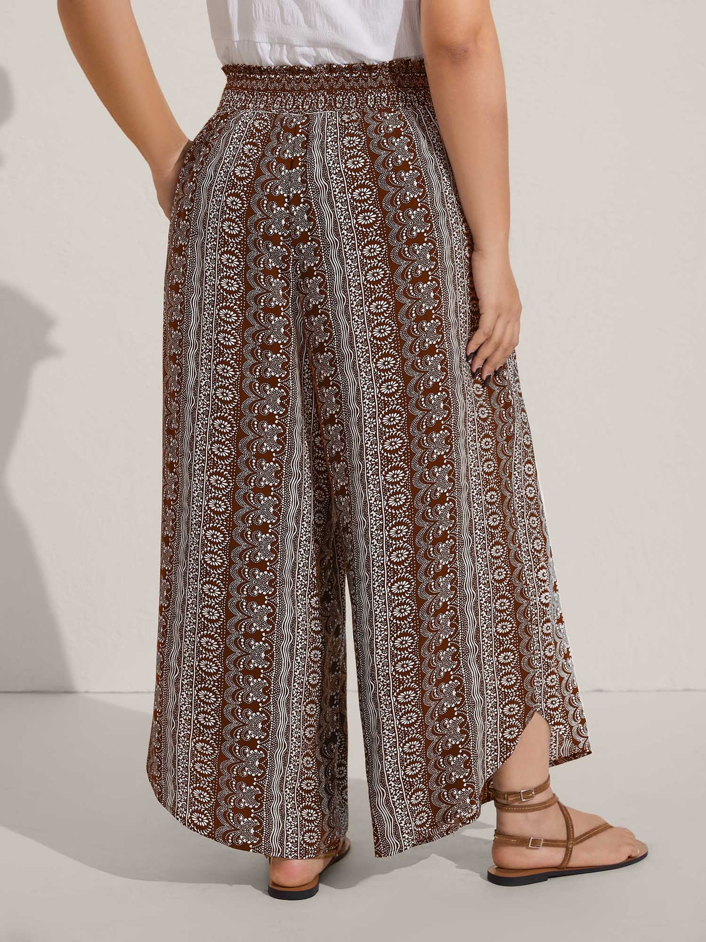 Boho Print Shirred Waist Wide-Leg Pants