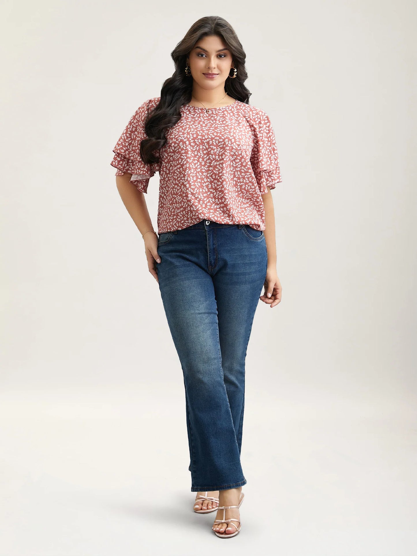 Ditsy Floral Print Tiered Lotus Leaf Sleeve Shirt