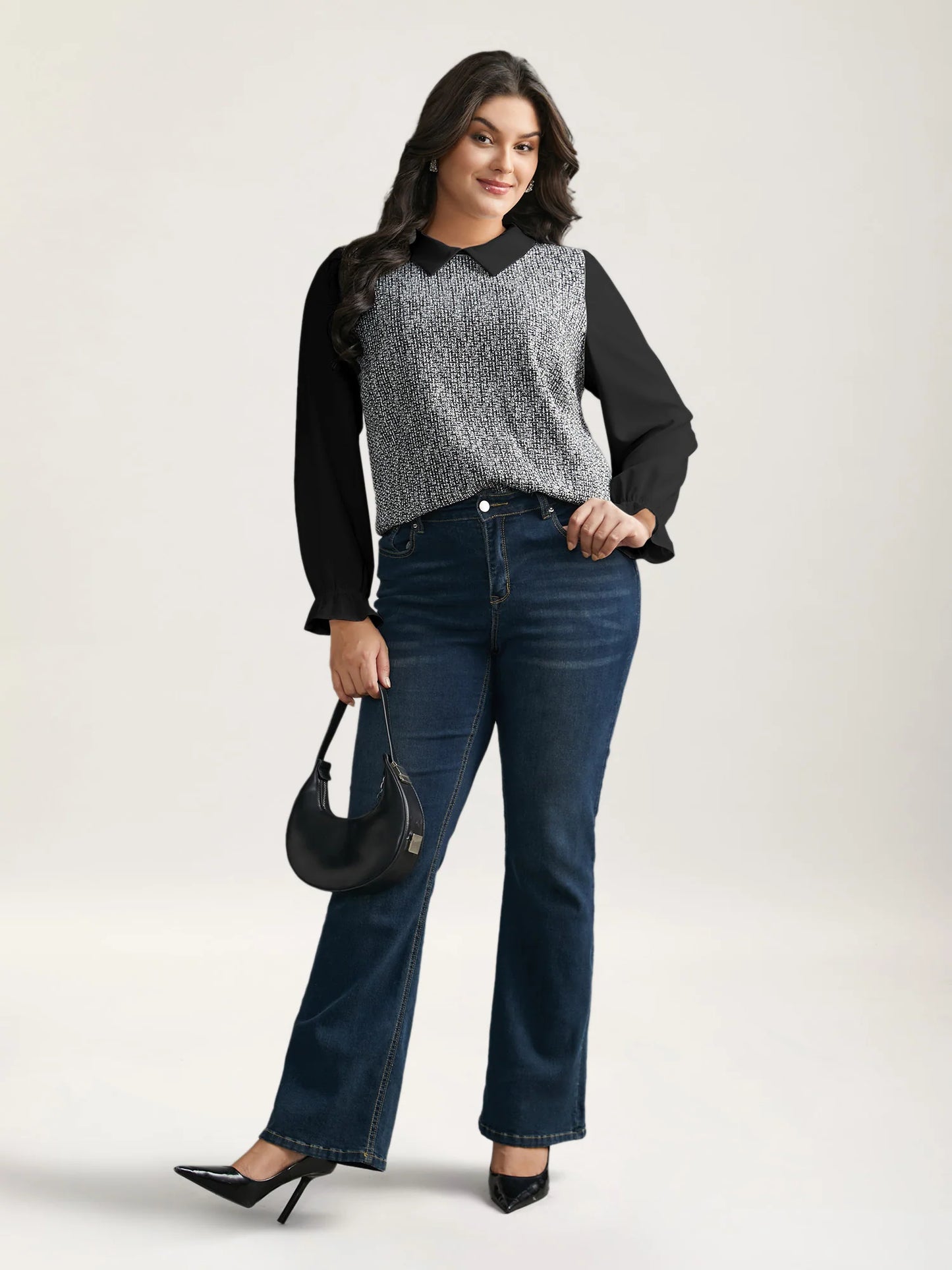 Tweed Patchwork Lantern Sleeve Blouse