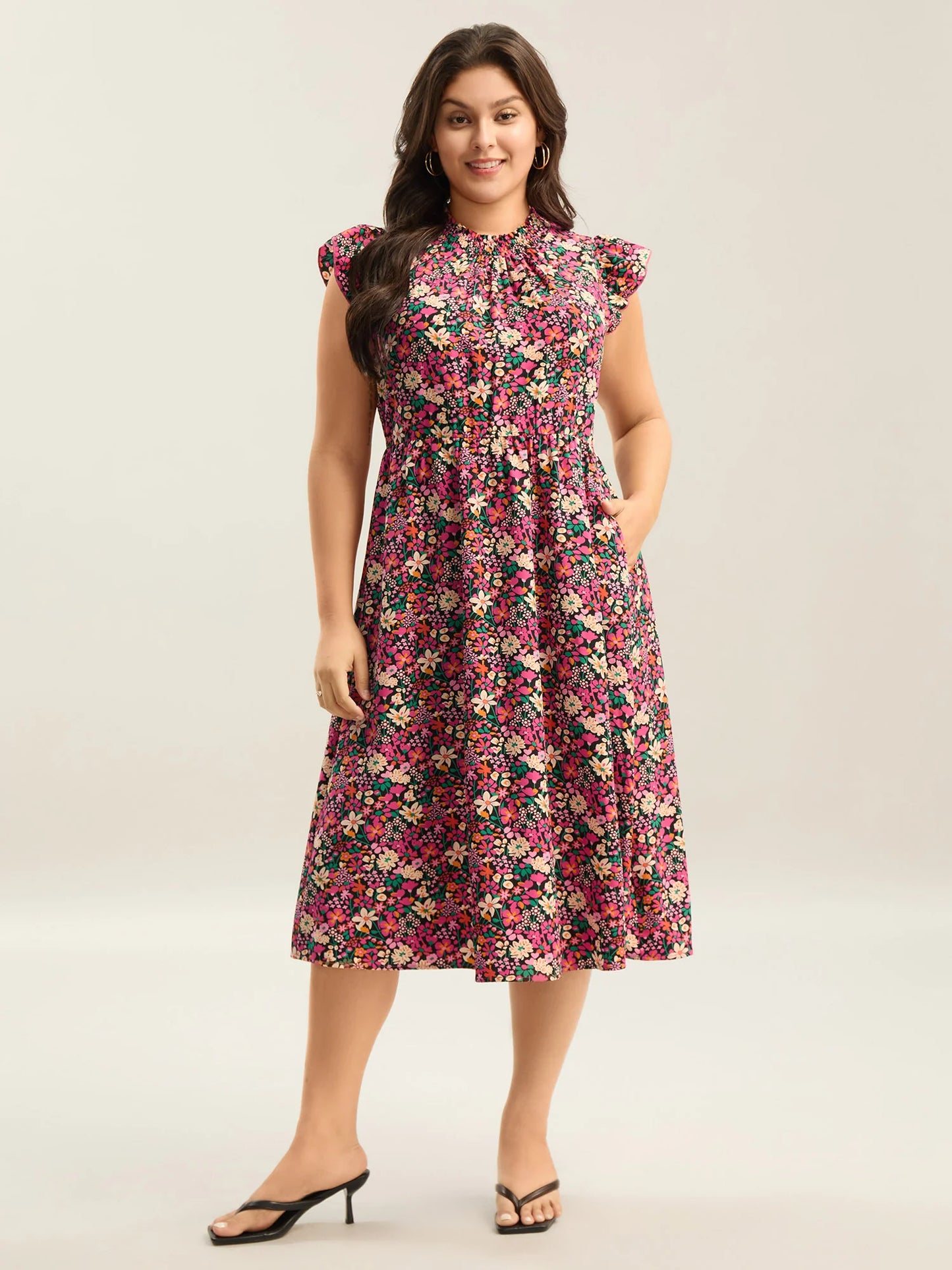 Floral Print Shirred Pockets Midi Dress