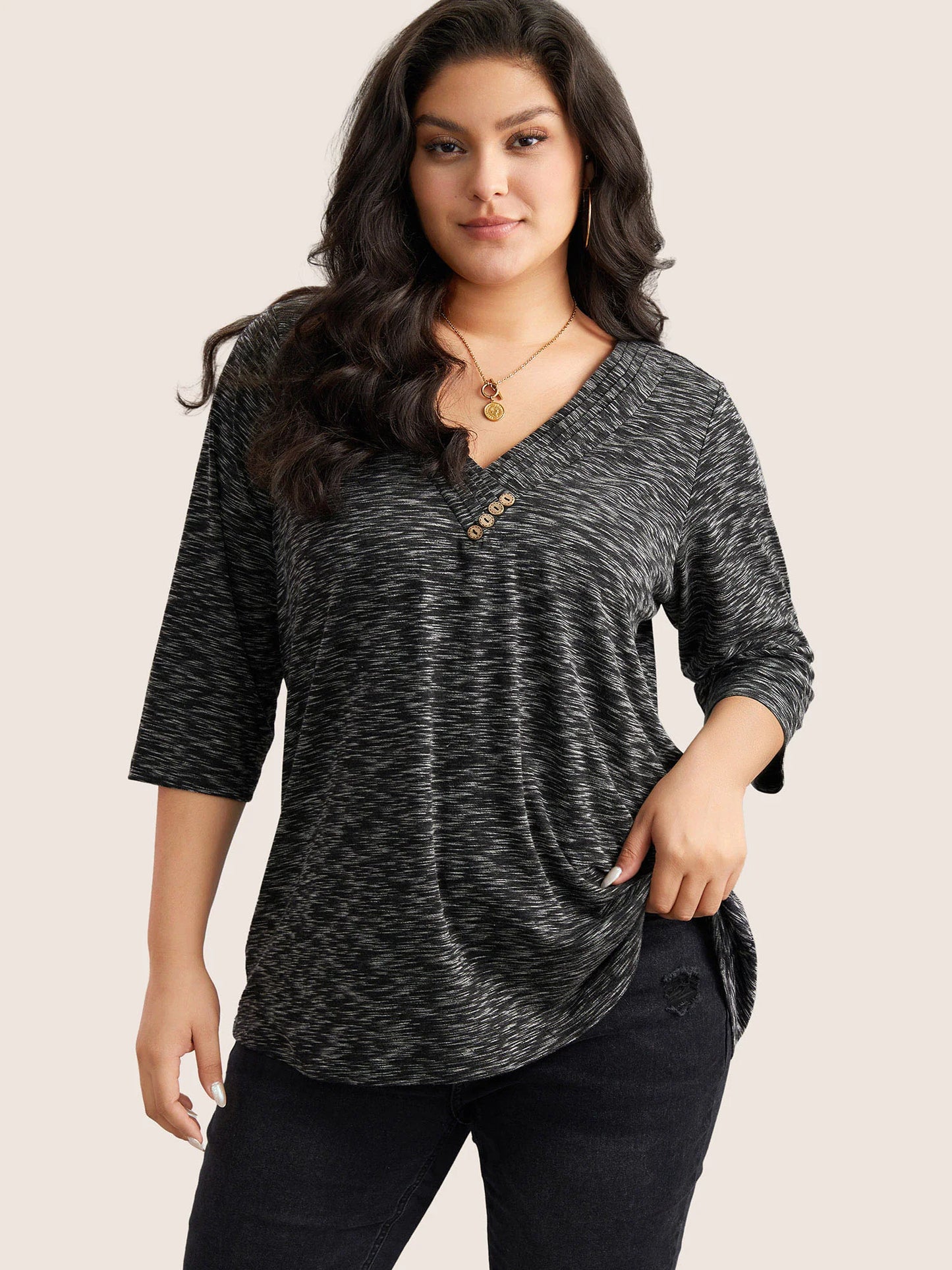 Heather Pleated Button Detail T-shirt