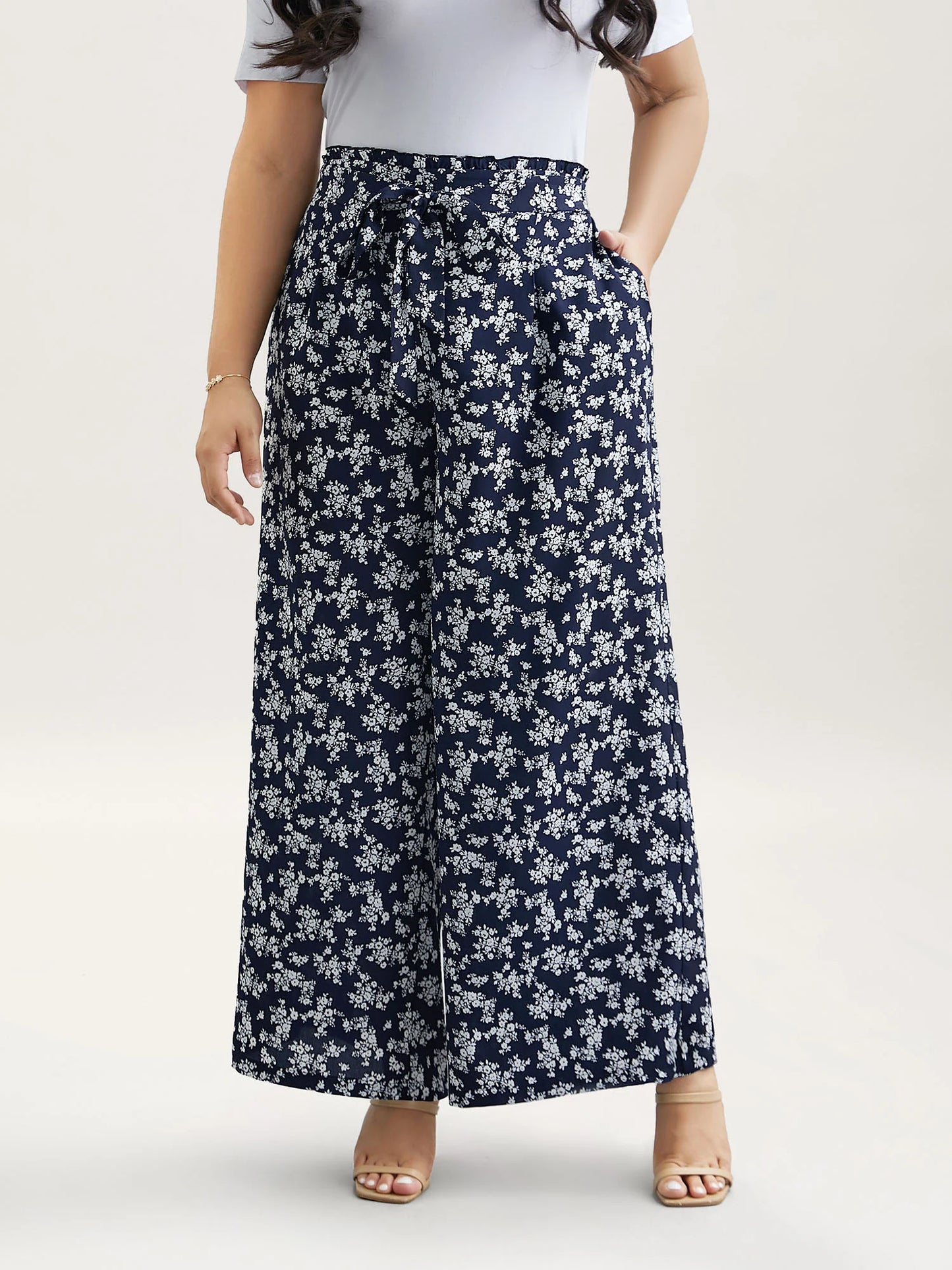 Floral Print Waist Stretchy Wide Leg Pants