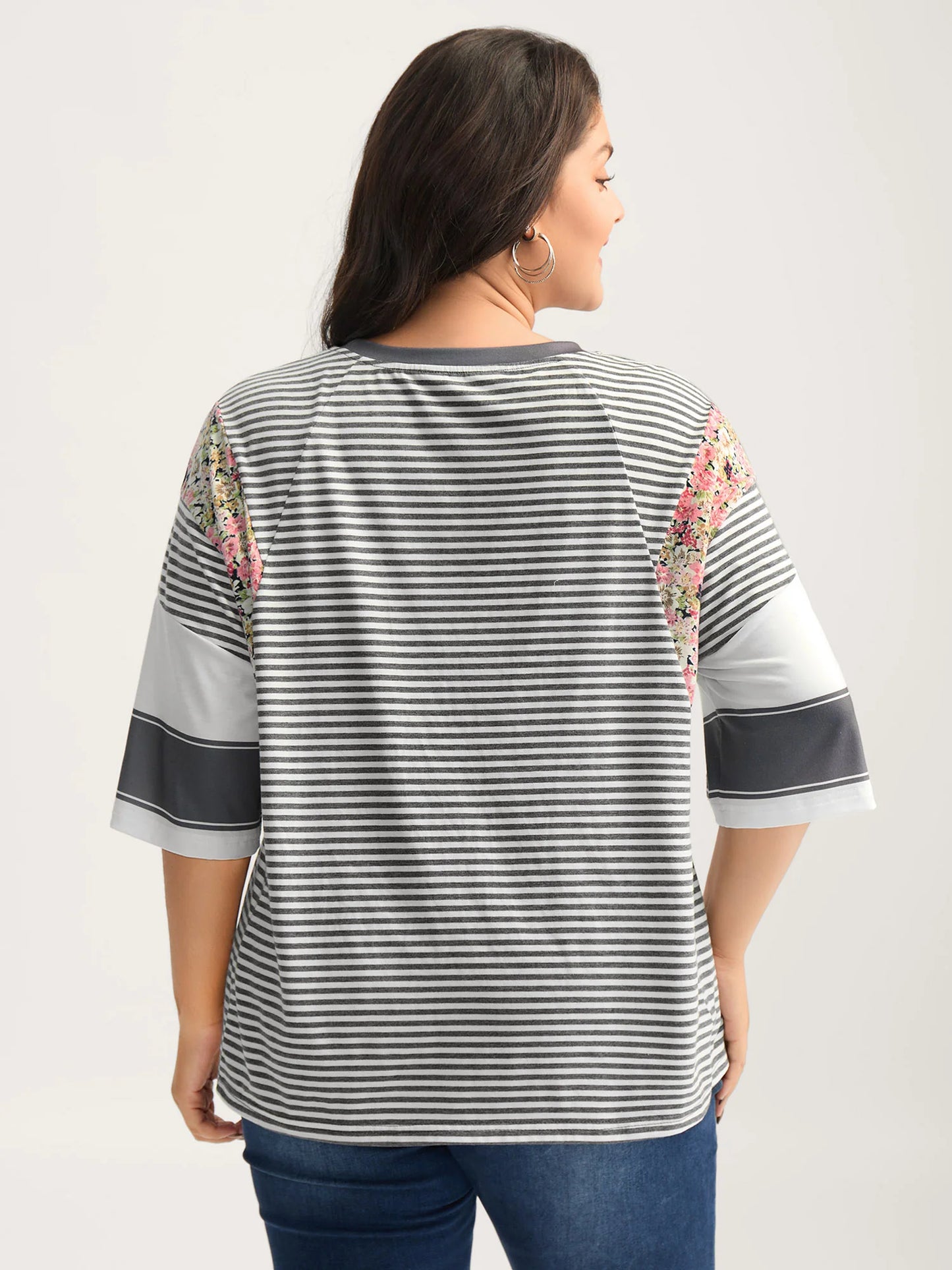 Cotton Mixed Print Floral Detail Knit Top