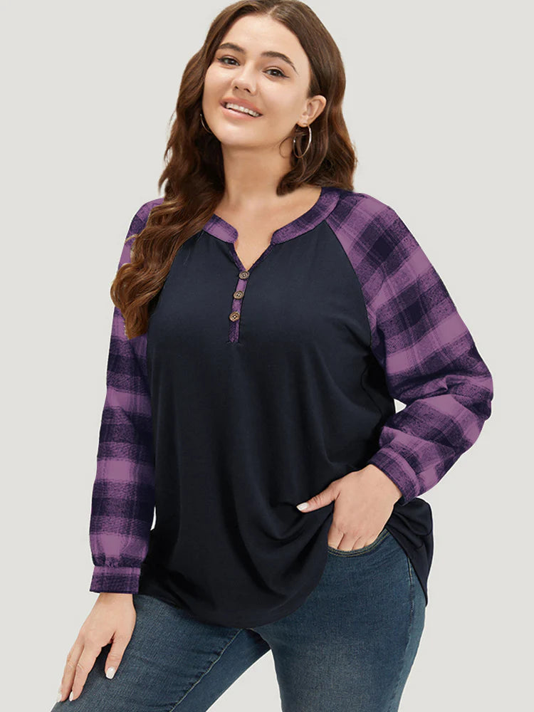Plaid Patchwork Notched Button Detail Sweatshirt