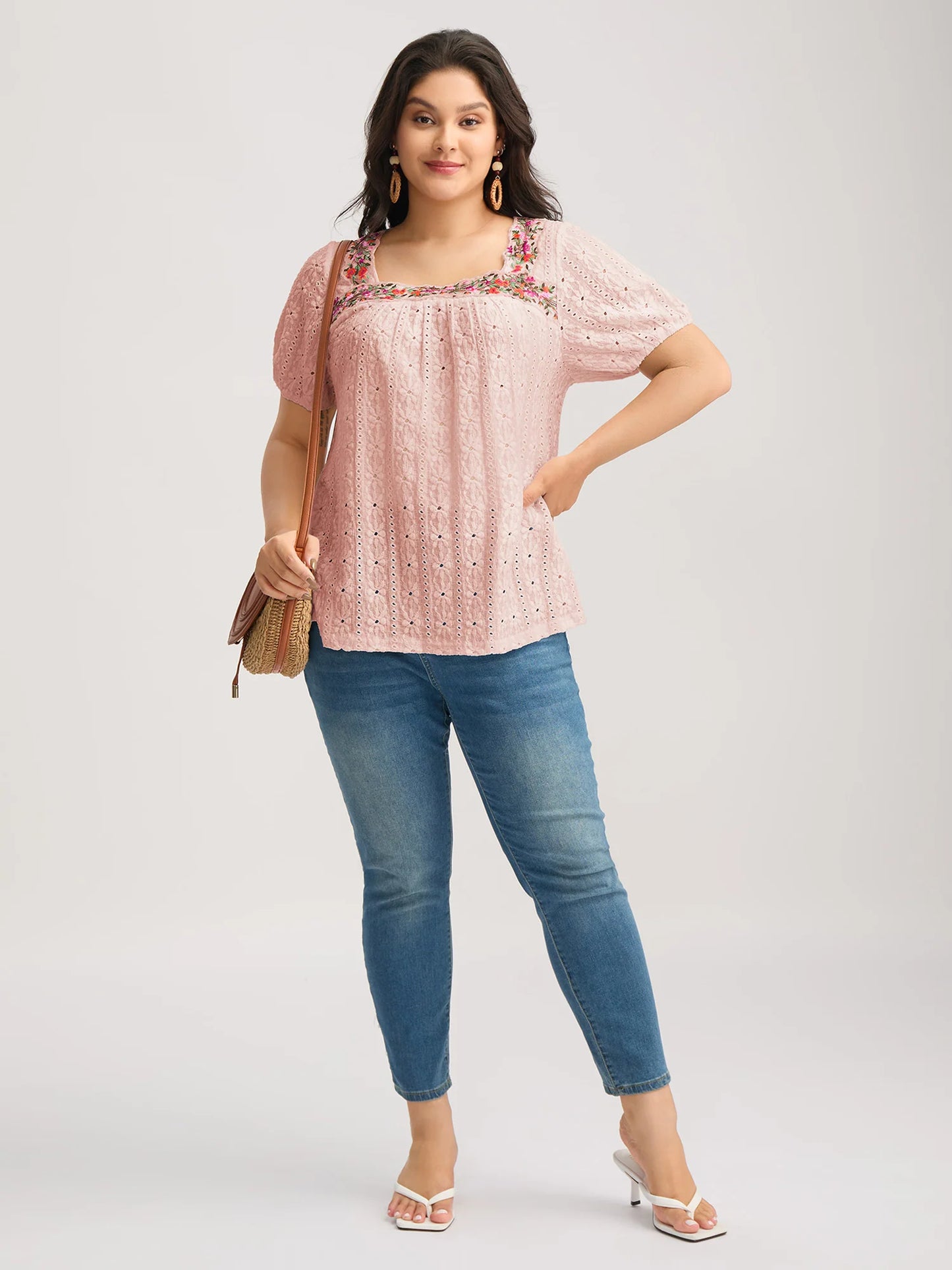 Eyelet Trim Floral Embroidered Solid T-Shirt
