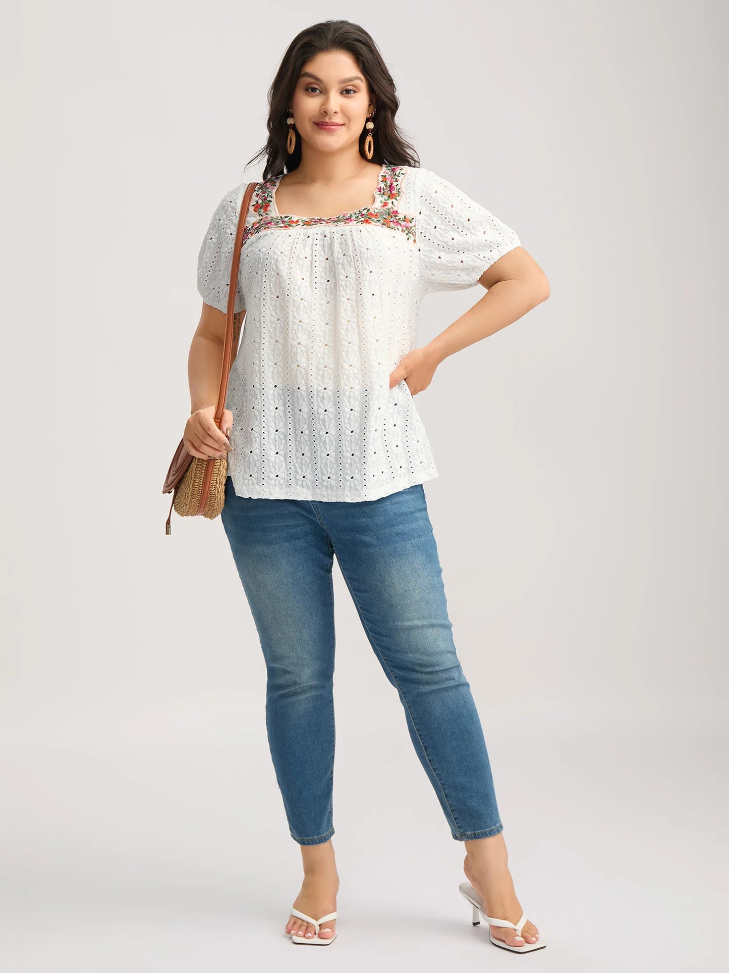 Eyelet Trim Floral Embroidered Solid T-Shirt