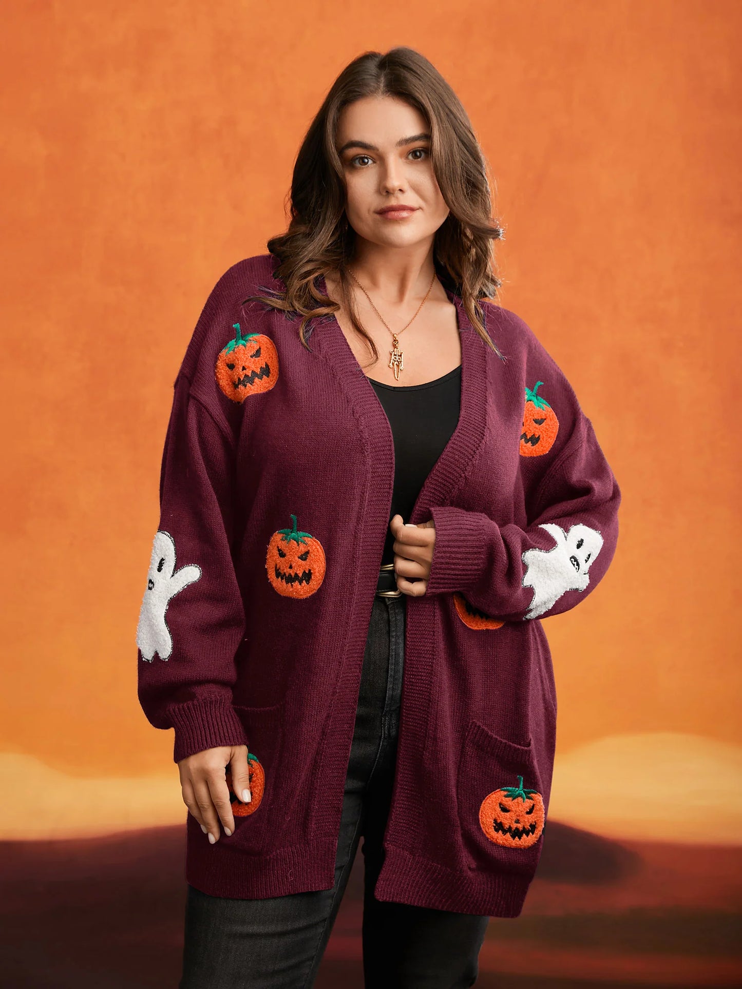 Pumpkin Ghost Embroidery Open Cardigan