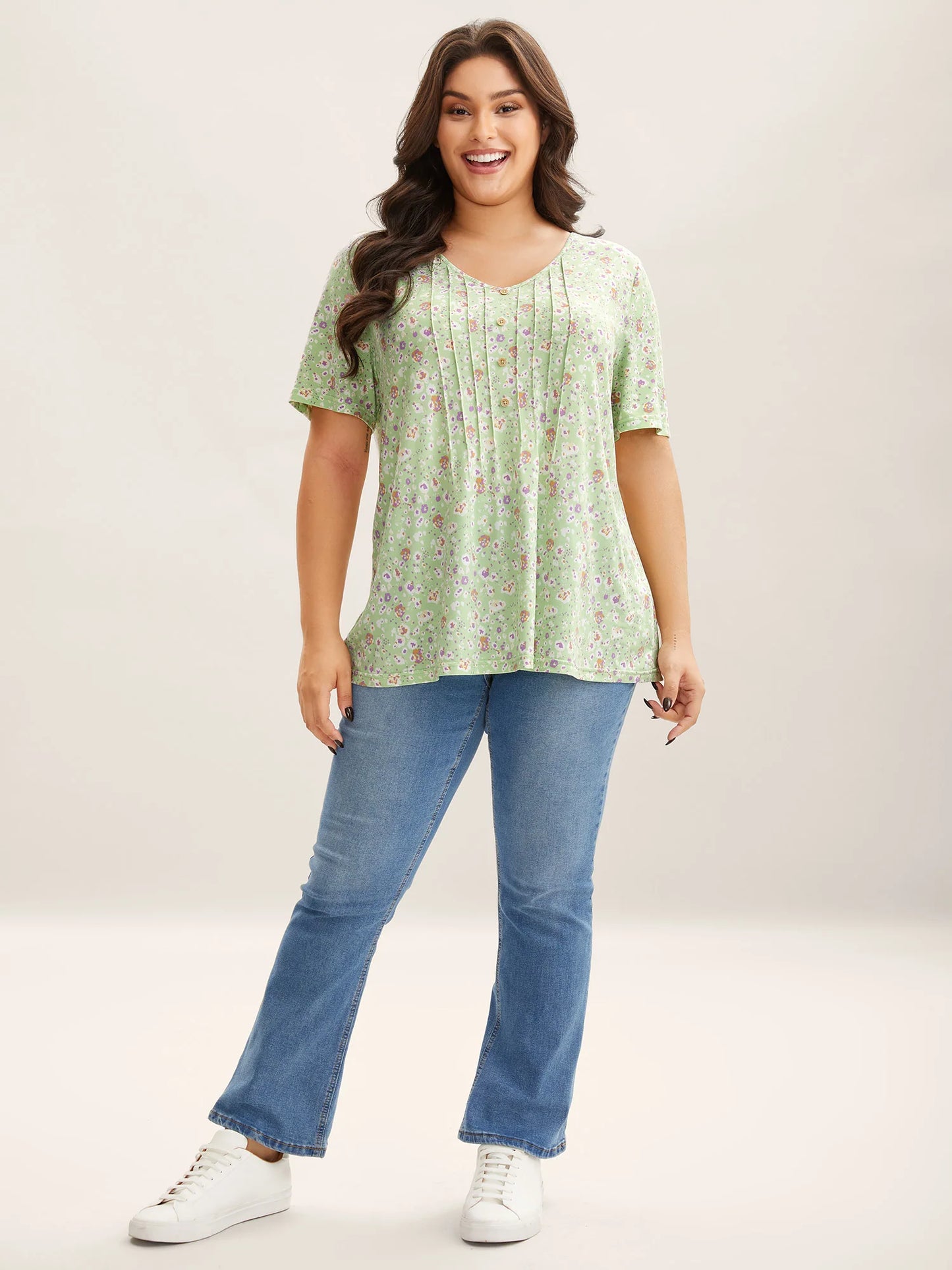 Floral Print Plicated Detail T-Shirt