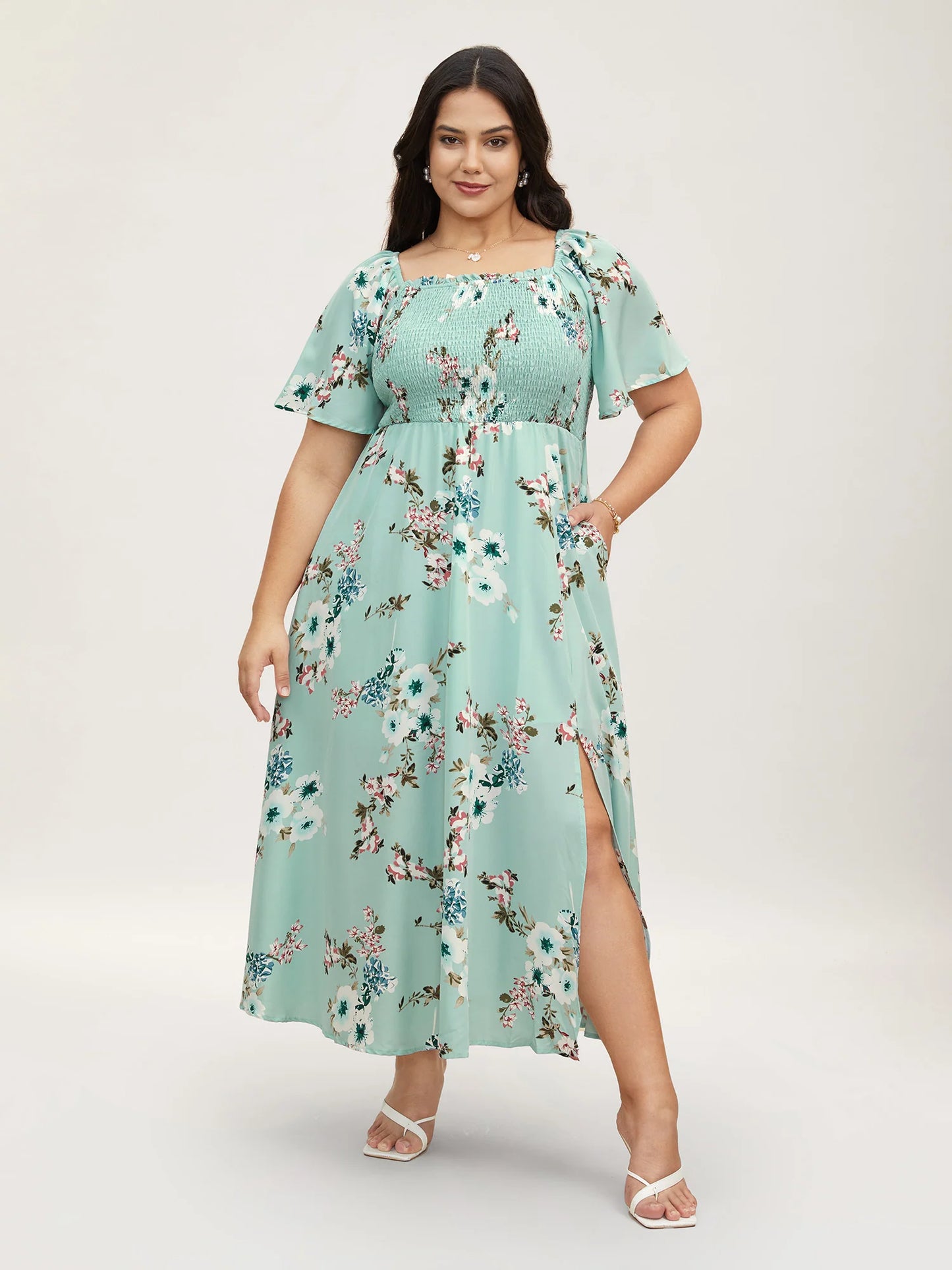 Floral Square Neck Ruffles Pocket Shirred Split Dress