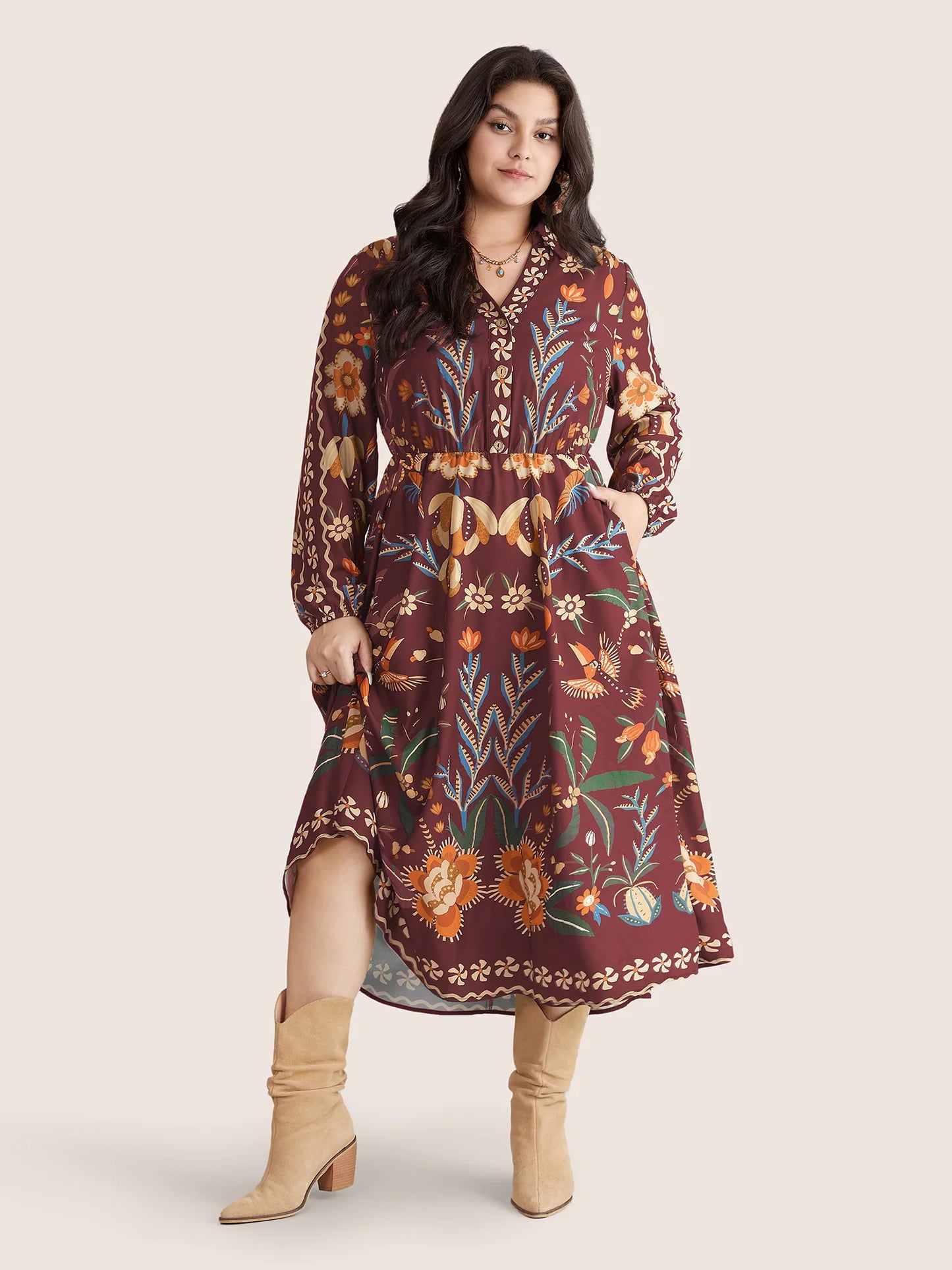 Bandana Print Pocket Lapel Collar Elastic Cuffs Dress