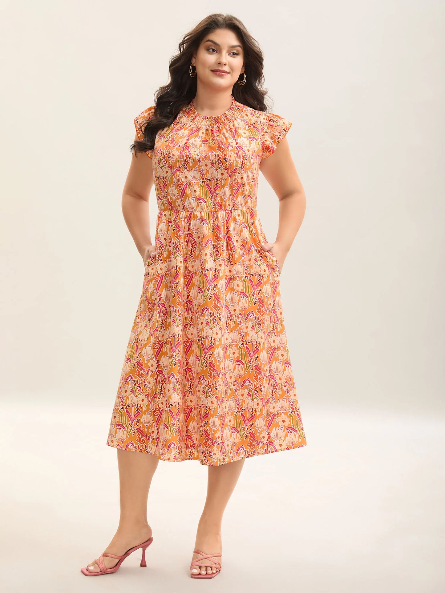 Floral Print Shirred Pockets Midi Dress