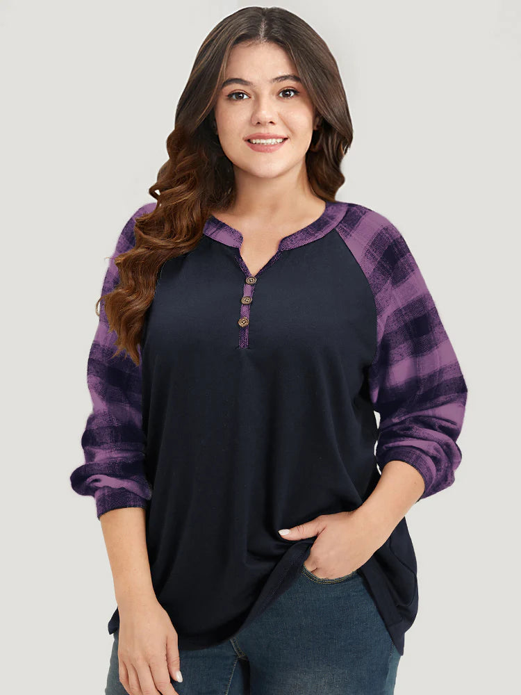 Plaid Patchwork Notched Button Detail Sweatshirt