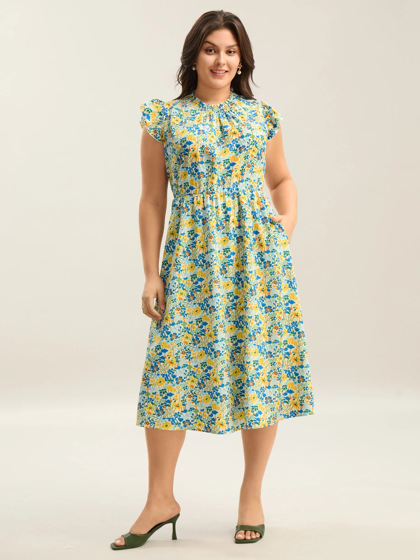 Floral Print Shirred Pockets Midi Dress
