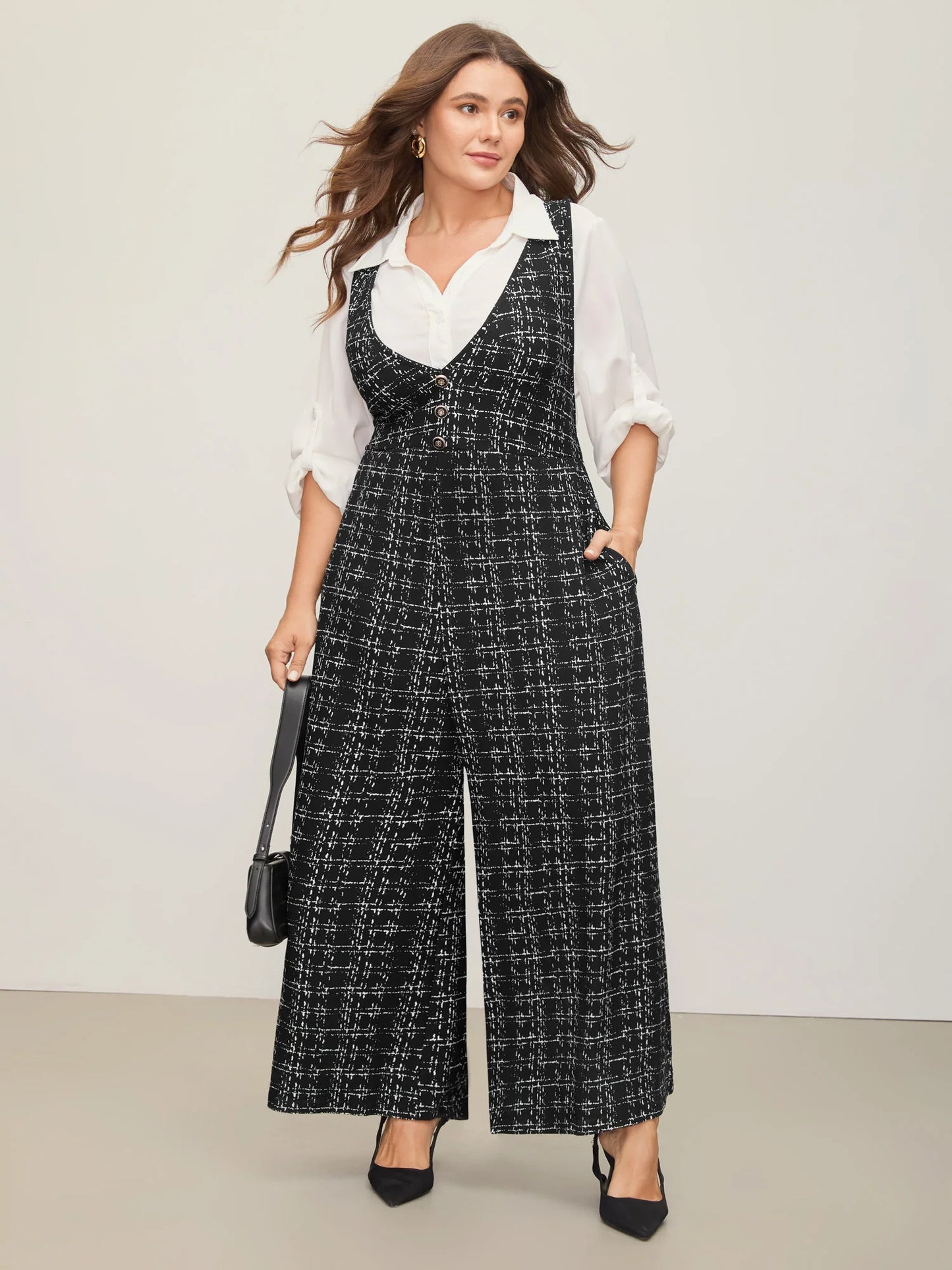Plaid Tweed Crisscross Back Button Detail Jumpsuit