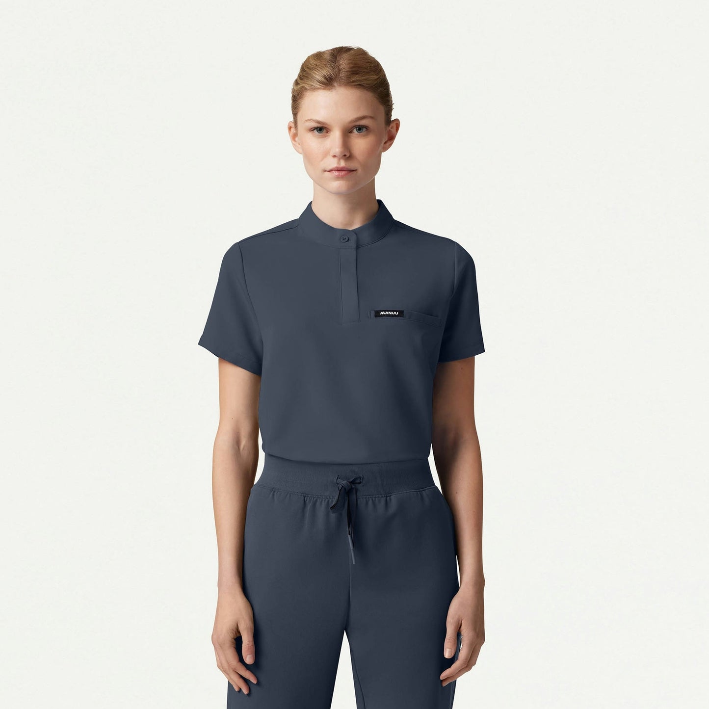 Savi Tuck-In Stand-Collar Scrub Top - Carbon Gray