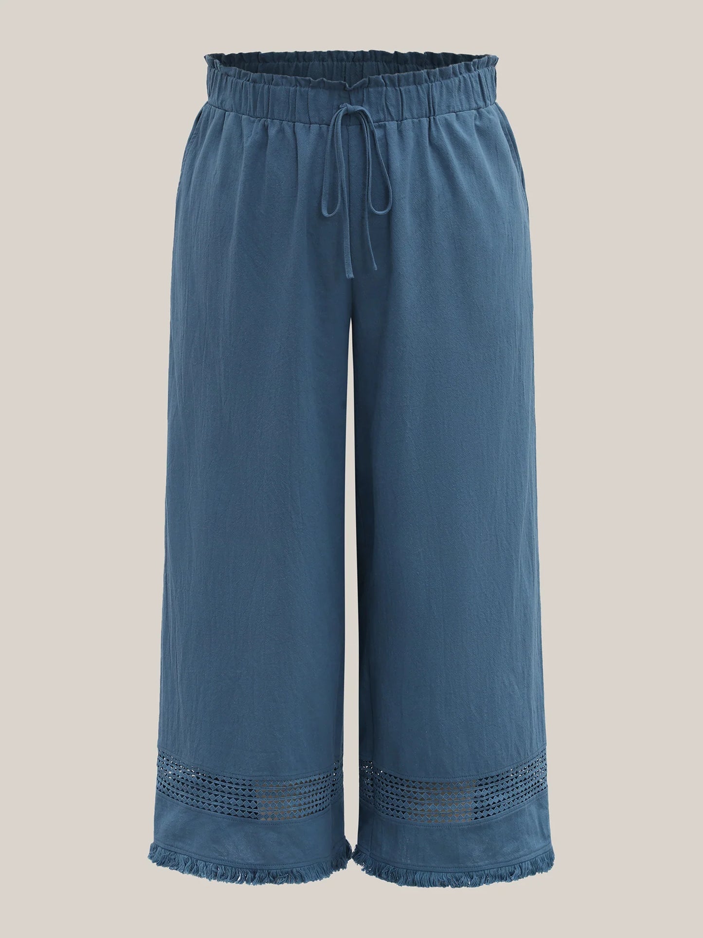 Cotton Waist-Tie Lace Wide-Leg Pants