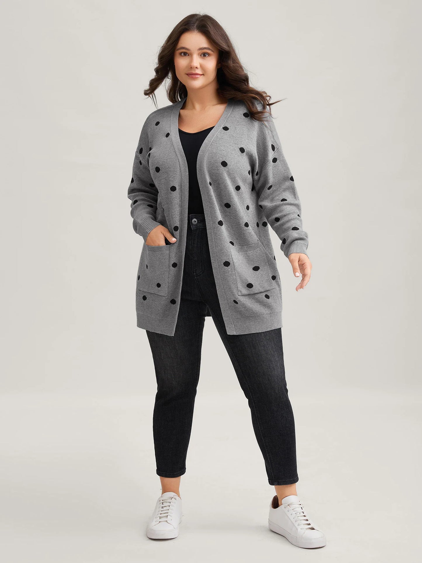 Polka Dot Kimono Collar Patch Pocket Cardigan