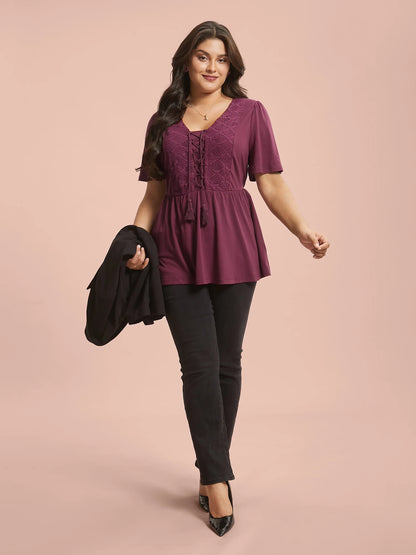 Lace-Up Tassels Patchwork Plain Top