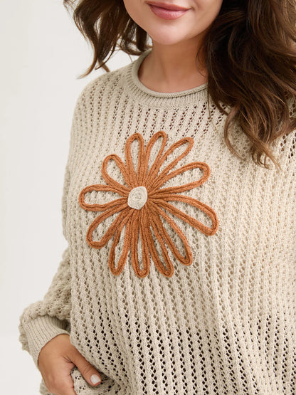 Floral Motif Cut-Out Textured Pullover