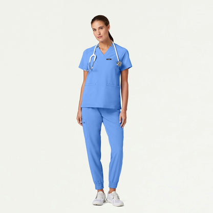 Helia Notched V-Neck Scrub Top - Ceil Blue