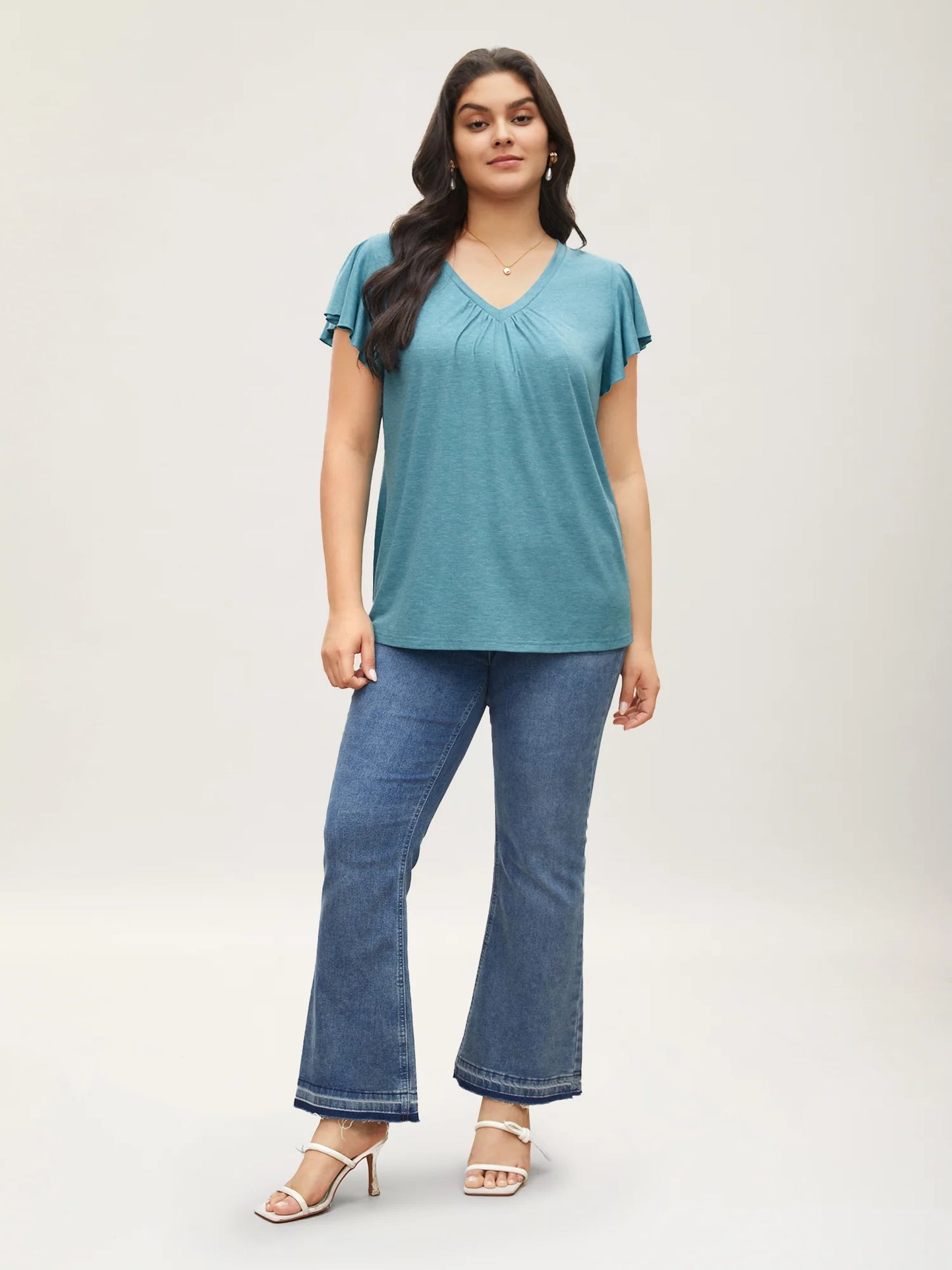 Solid Heather Gathered Ruffle Sleeve T-shirt
