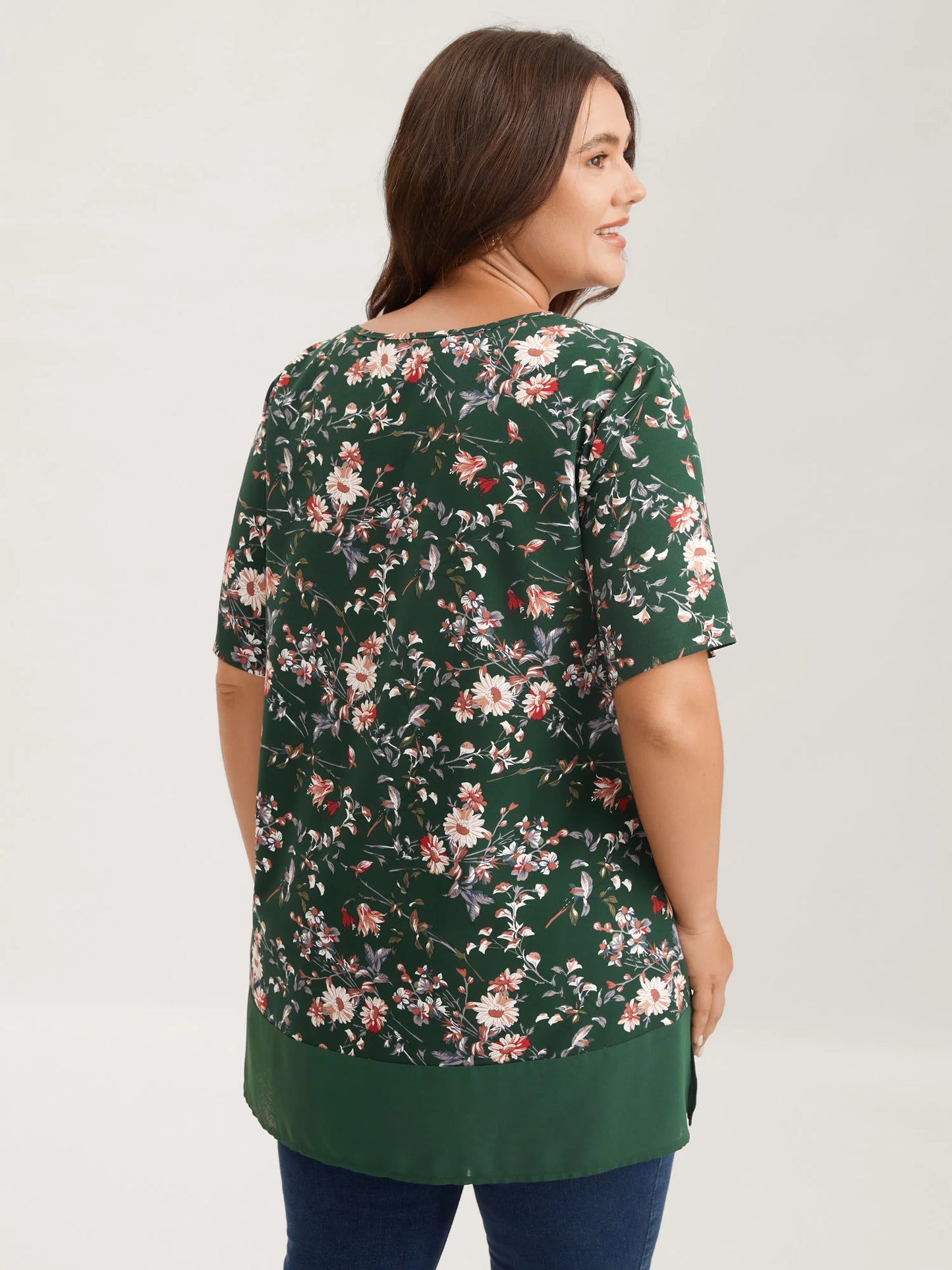 Garden Print Spliced V-Neck Blouse