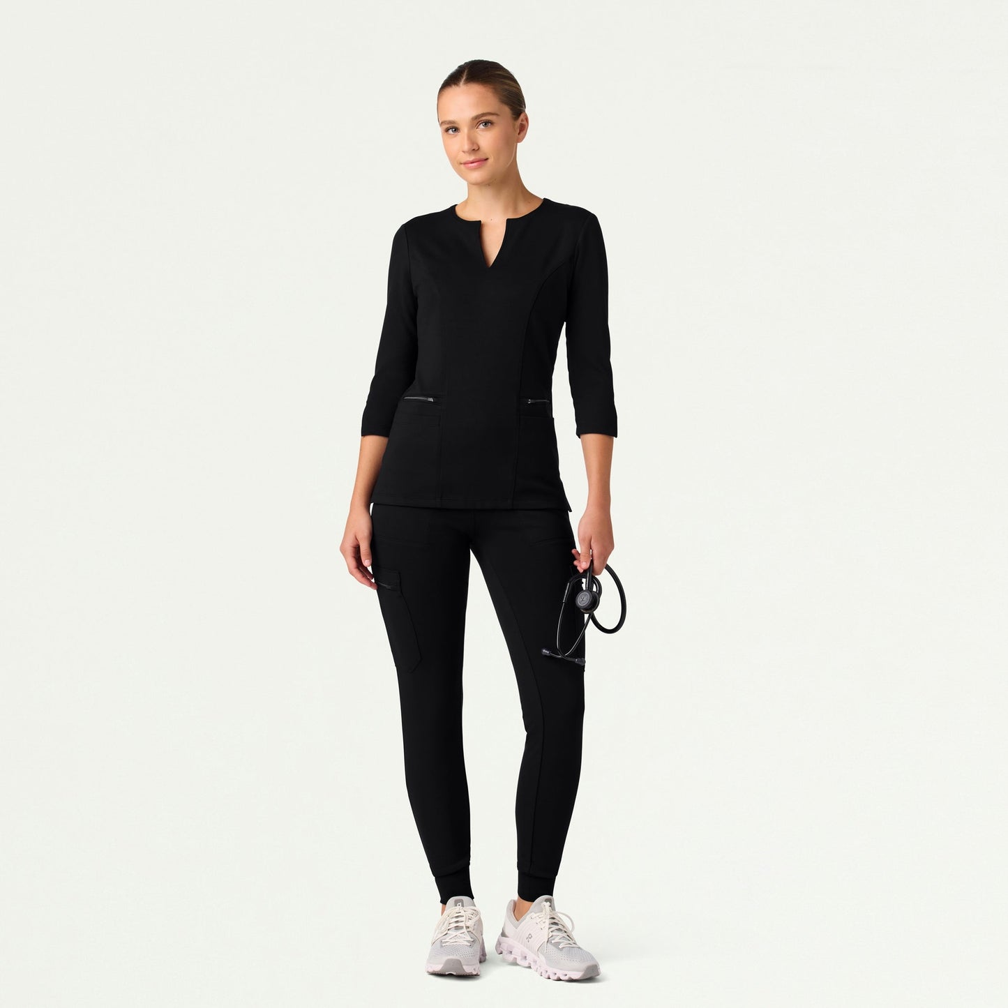 Zoe Slim 3/4-Sleeve UltraSOFT Scrub Top - Black