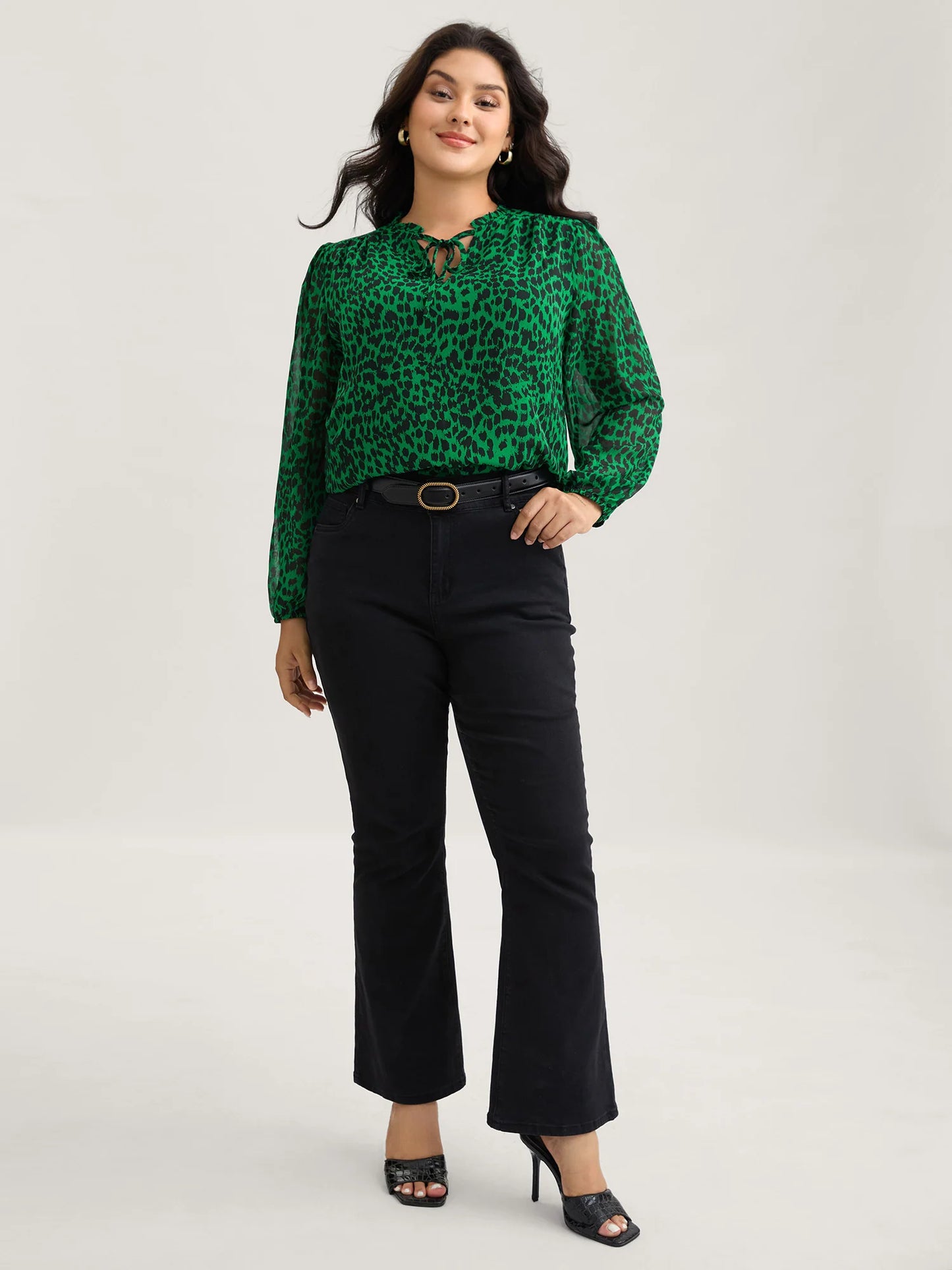Leopard Print Tie Knot Lantern Sleeve Blouse