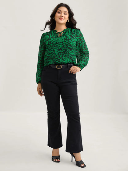 Leopard Print Tie Knot Lantern Sleeve Blouse