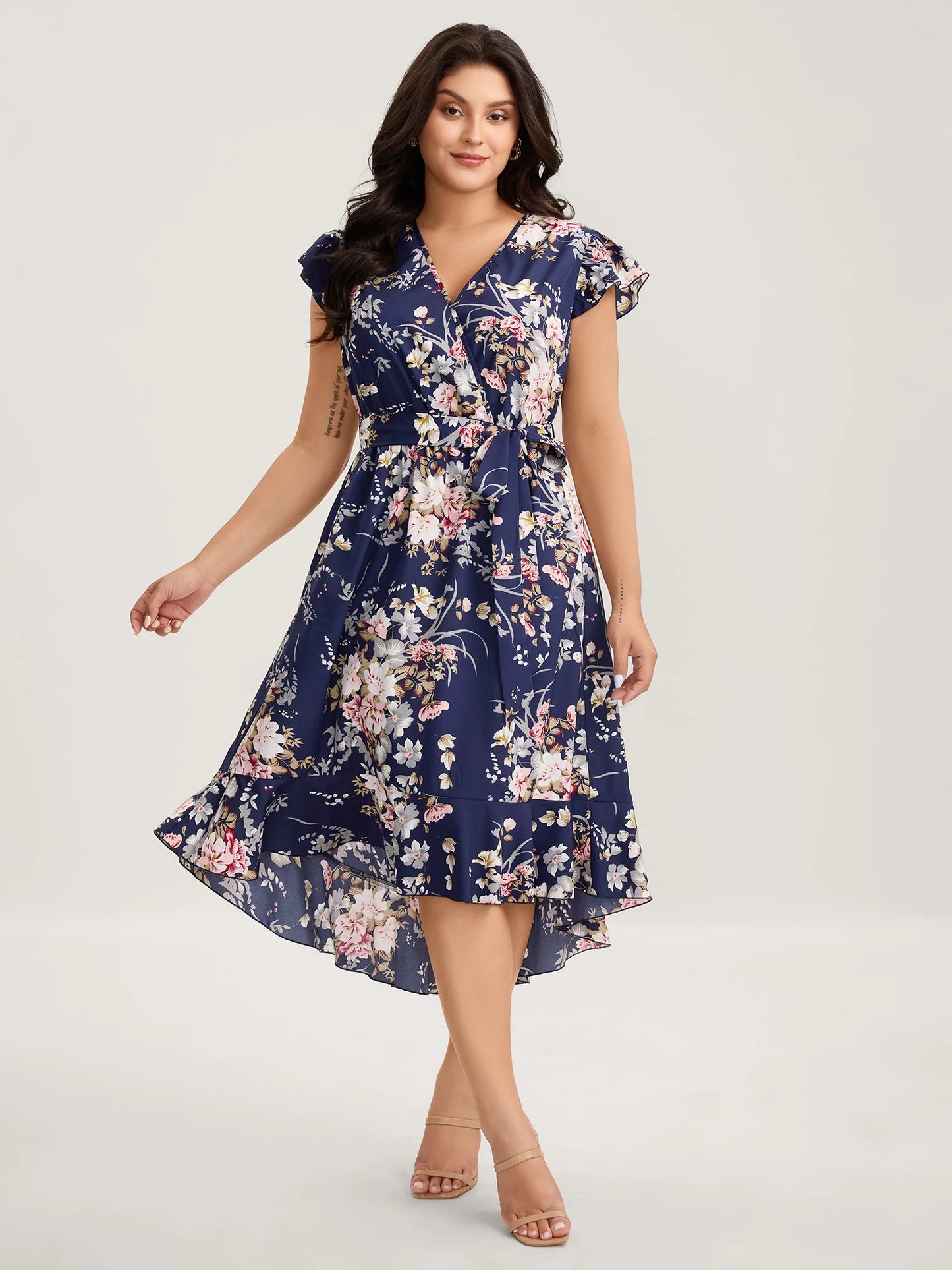 Midnight Blooms Wrap A-Line Midi Dress