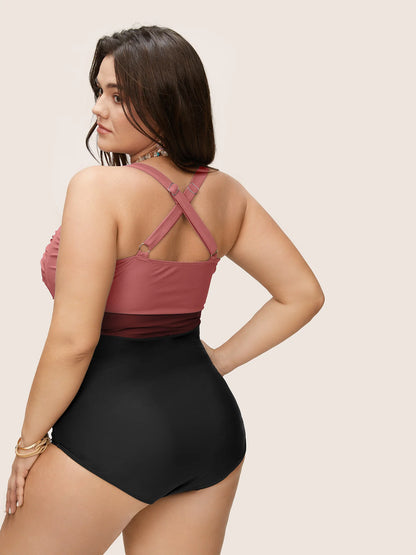 Contrast Twist Front Tummy-Control One Piece Swimsuit