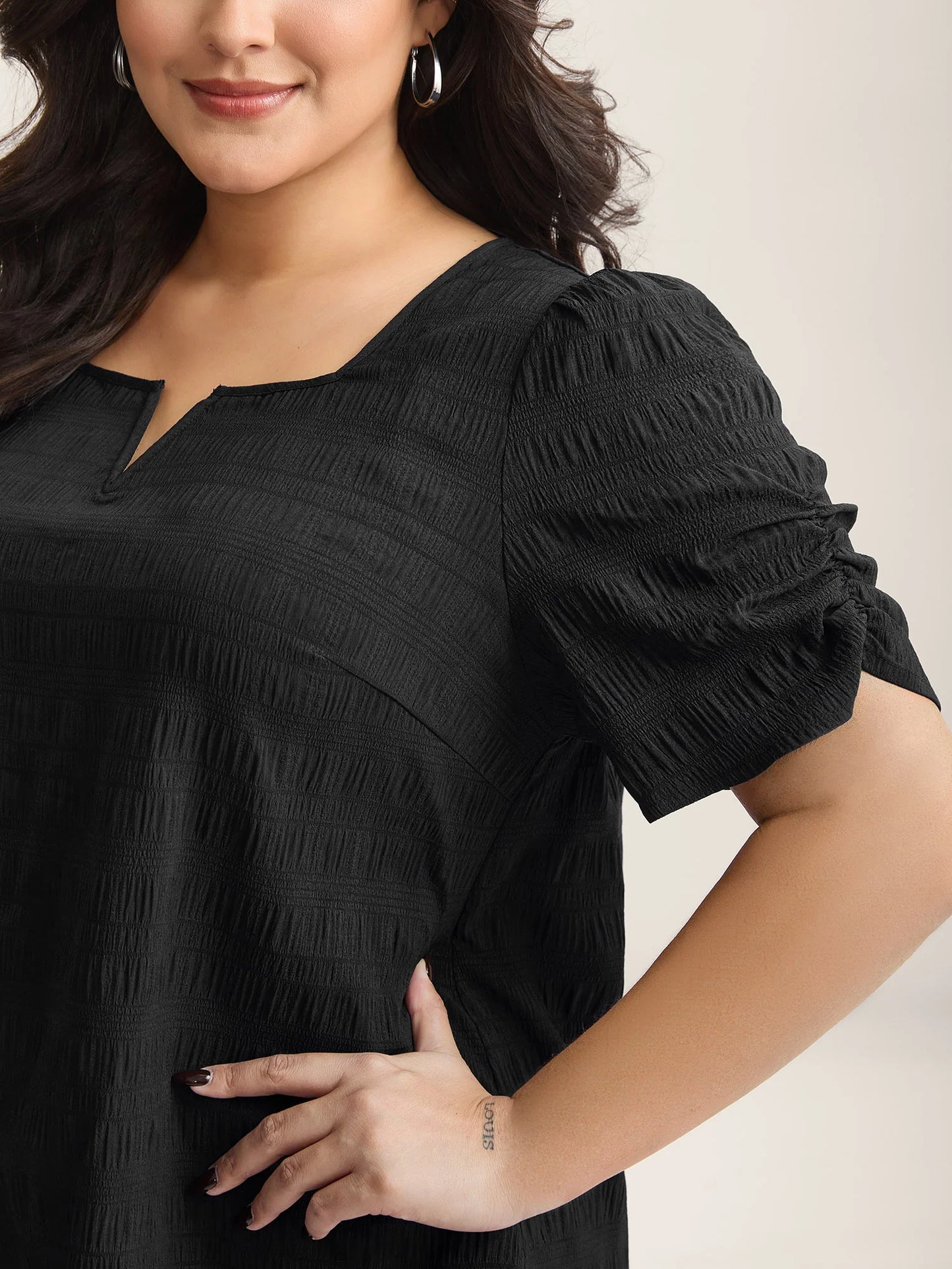 Textured Gathered Sleeve Split Neck Blouse