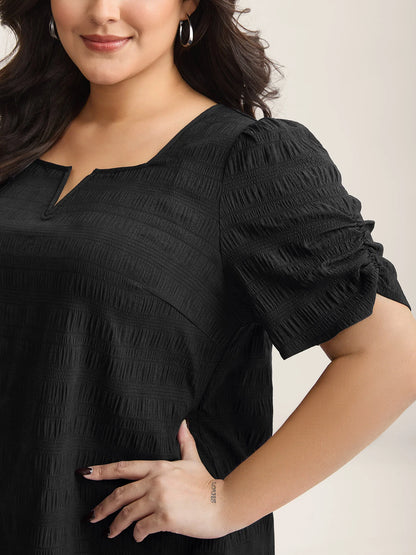 Textured Gathered Sleeve Split Neck Blouse
