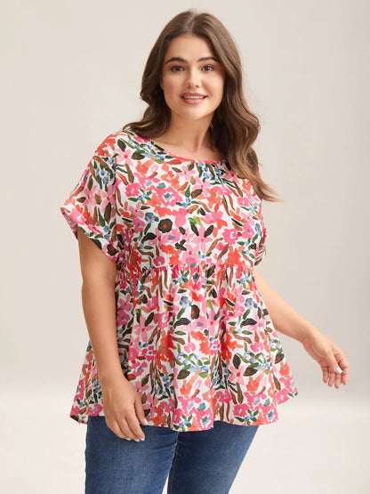 Fruit Print Curved Hem Batwing Sleeve Blouse